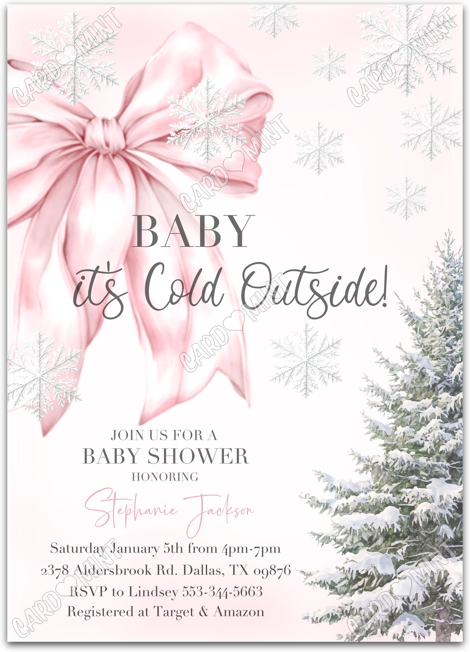 Editable Baby It's Cold Outside pink pink bow girl winter Baby Shower Invitation EV1681