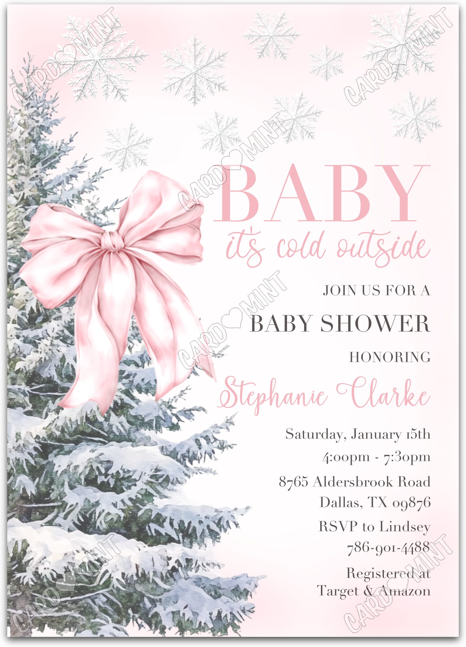 Editable Baby It's Cold Outside pink pink bow girl winter Christmas Baby Shower 5"x7" Invitation EV1685