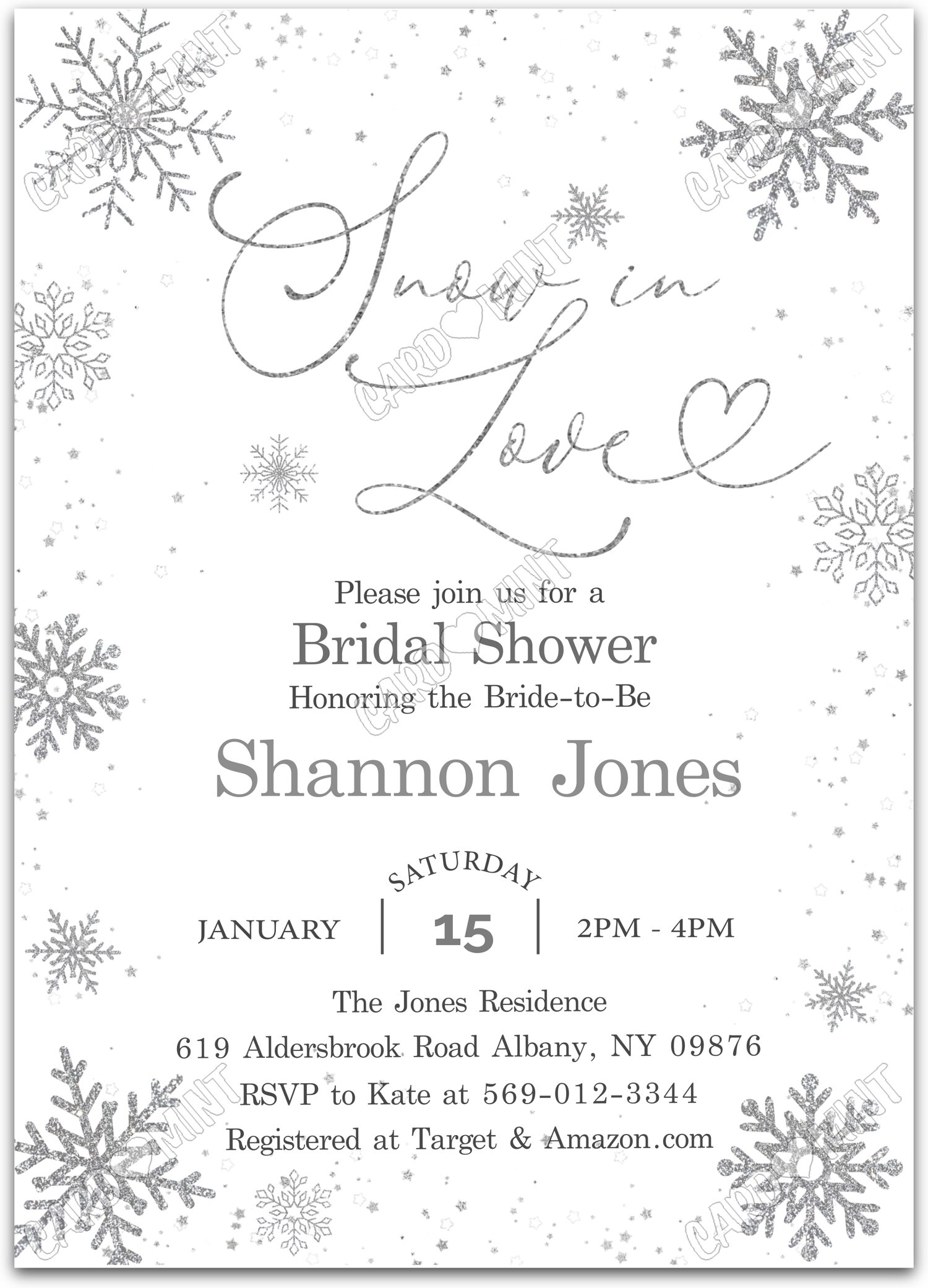 Editable Snow in Love white silver snowflakes winter Bridal Shower 5"x7" Invitation EV1686