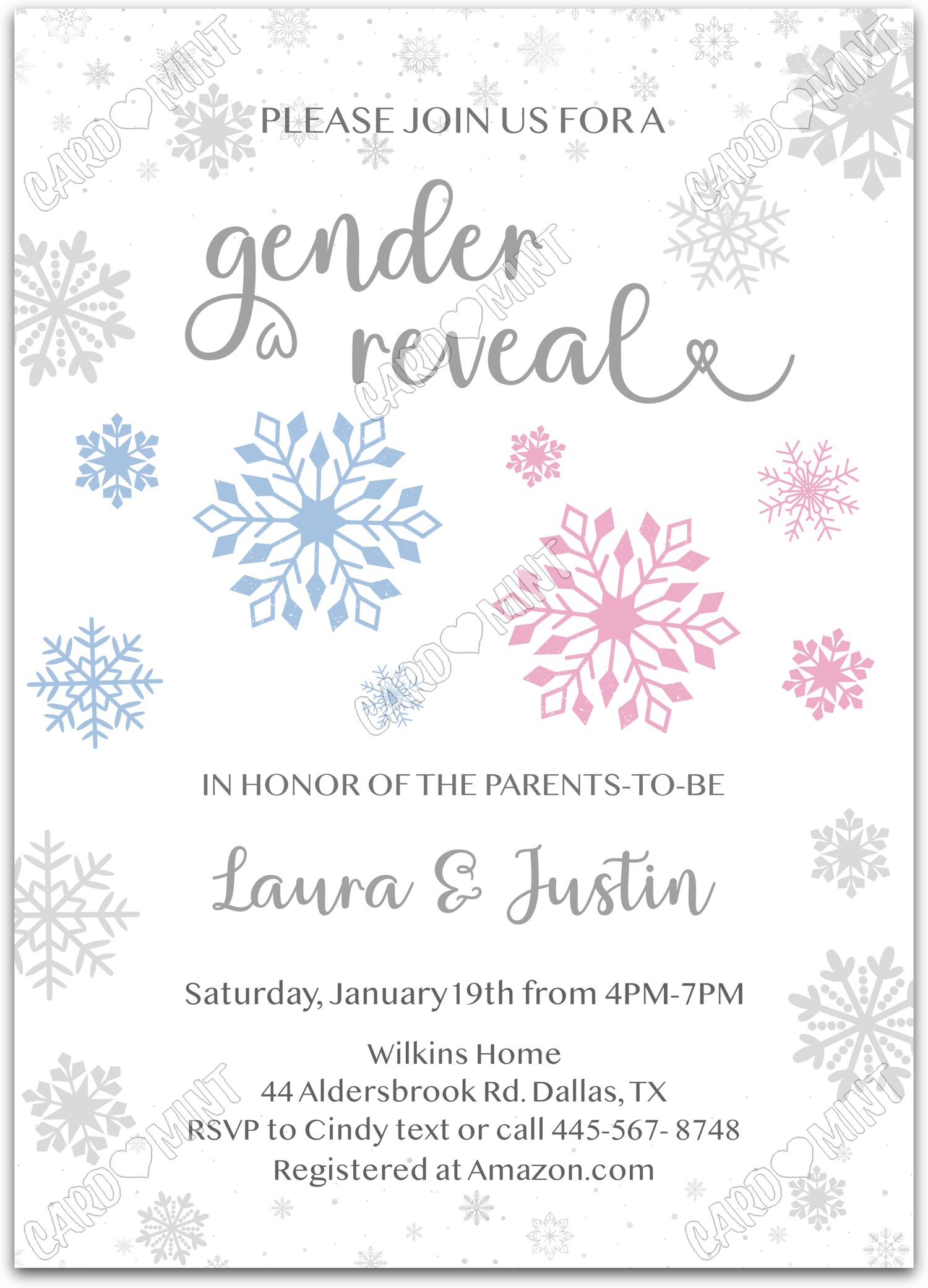 Editable Snowflakes Reveal white pink & blue snowflakes winter Gender Reveal 5"x7" Invitation EV1689