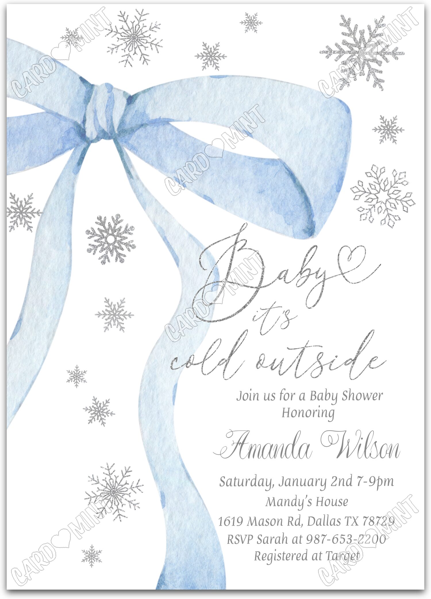 Editable Baby It's Cold Outside white blue bow boy winter Baby Shower 5"x7" Invitation EV1690