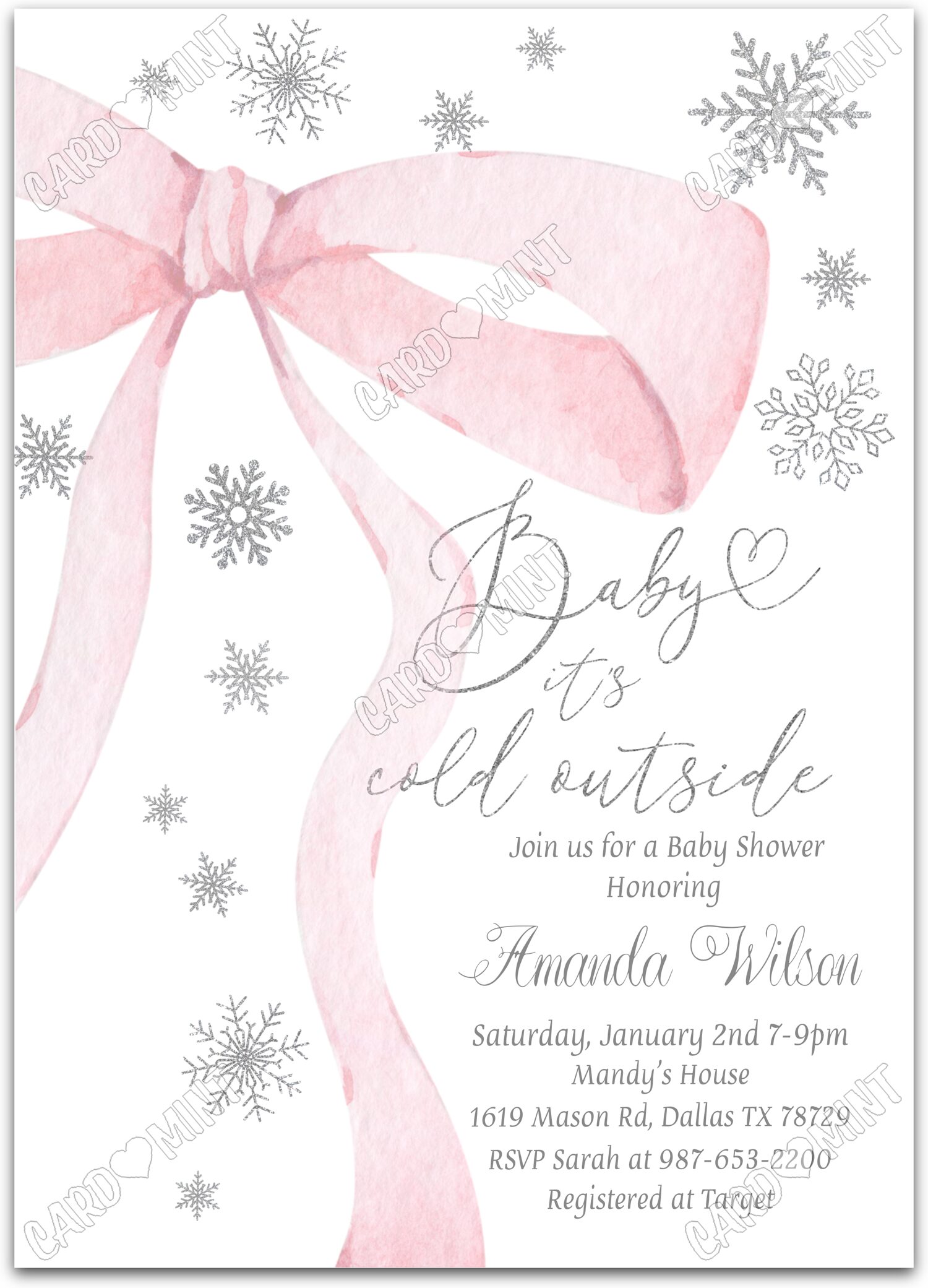 Editable Baby It's Cold Outside white pink bow girl winter Baby Shower Invitation EV1691