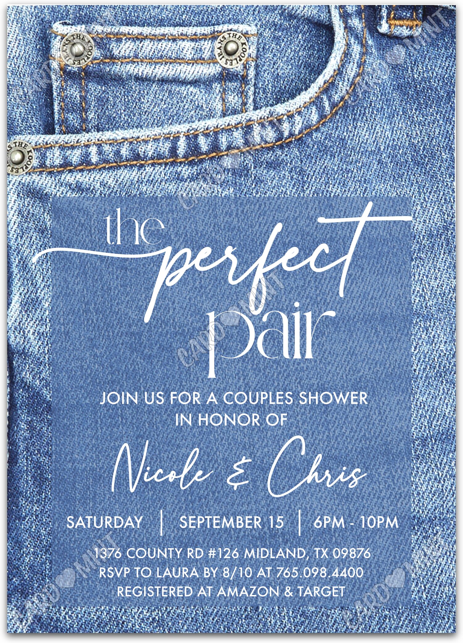 Editable The Perfect Pair blue blue jeans Couples Bridal Shower 5"x7" Invitation EV1698