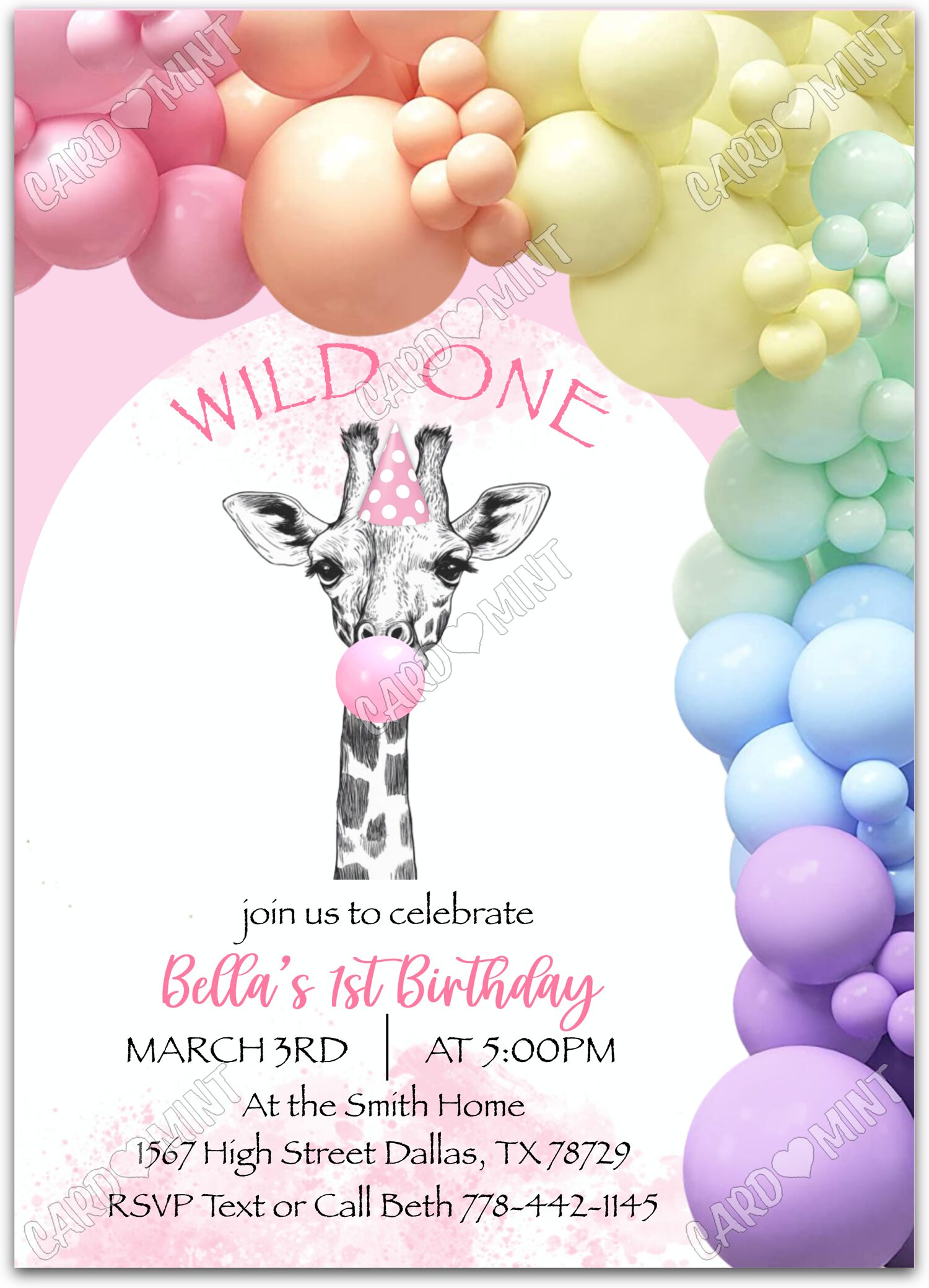 Editable Wild One white baby giraffe & balloons girl First Birthday Party 5"x7" Invitation EV1699