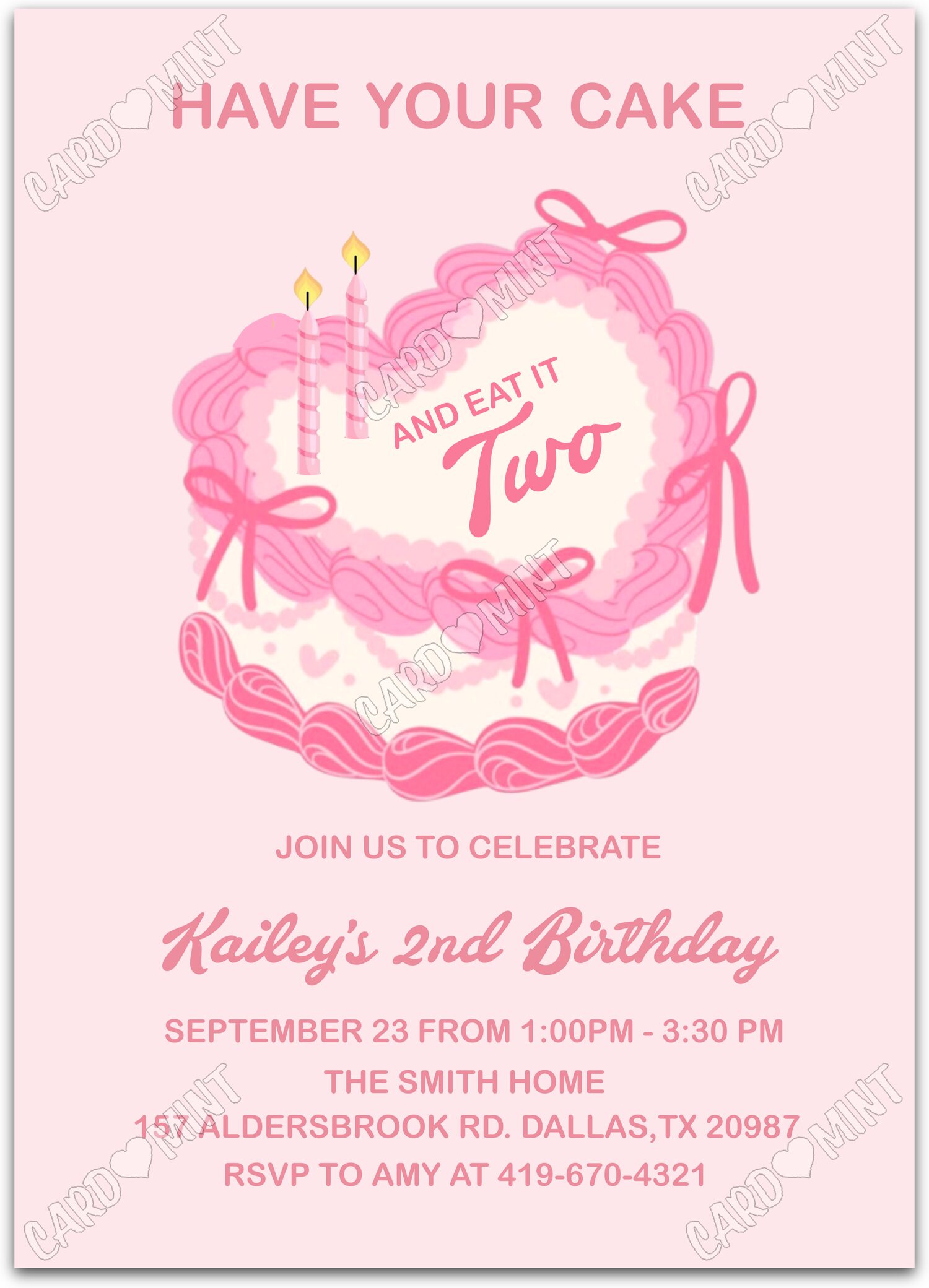 Editable Have Your Cake...TWO pink cake with pink bows girl 2nd Birthday Party 5"x7" Invitation EV1701