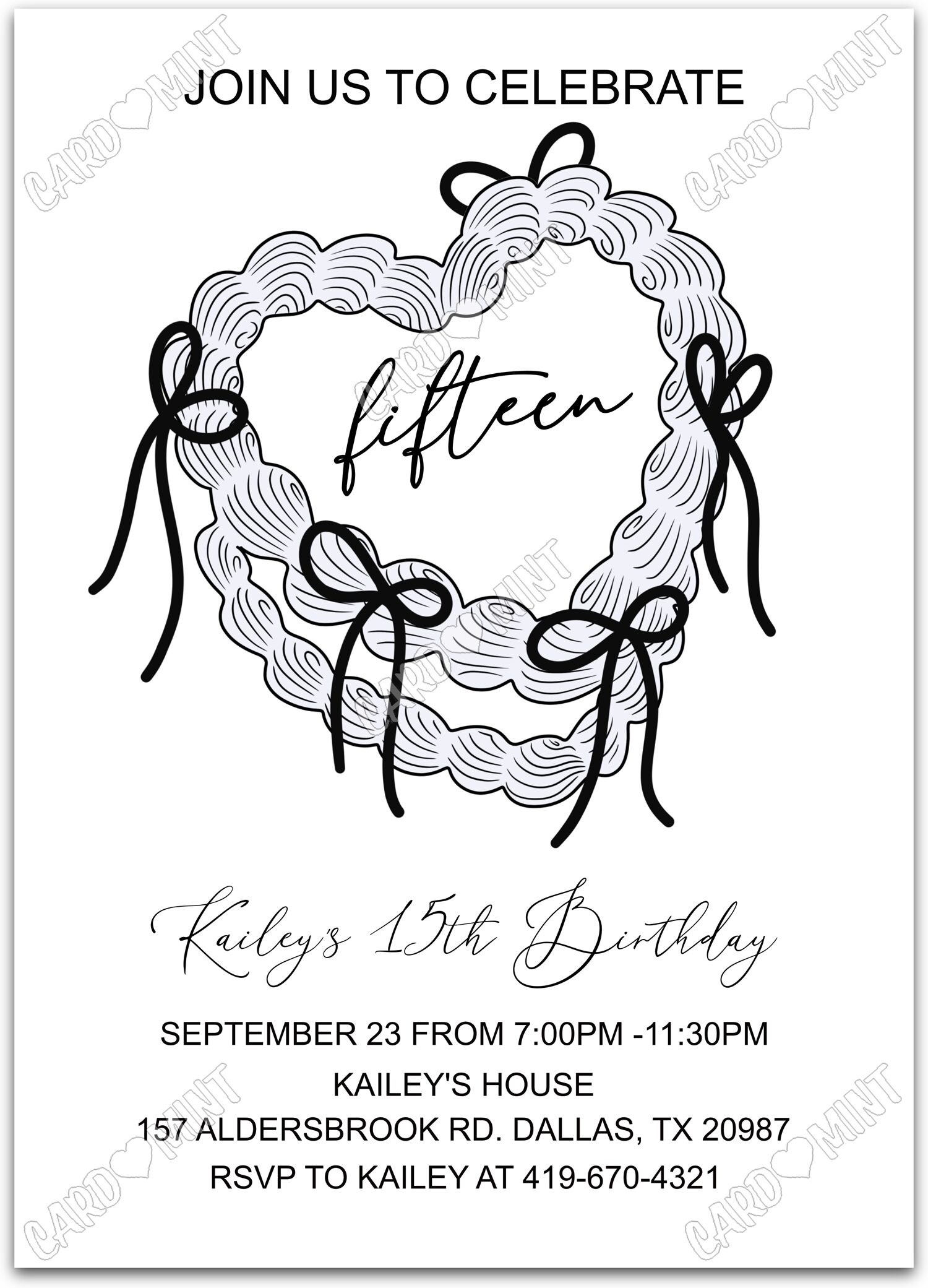 Editable Black Bows white birthday cake girl Birthday Party 5"x7" Invitation EV1702