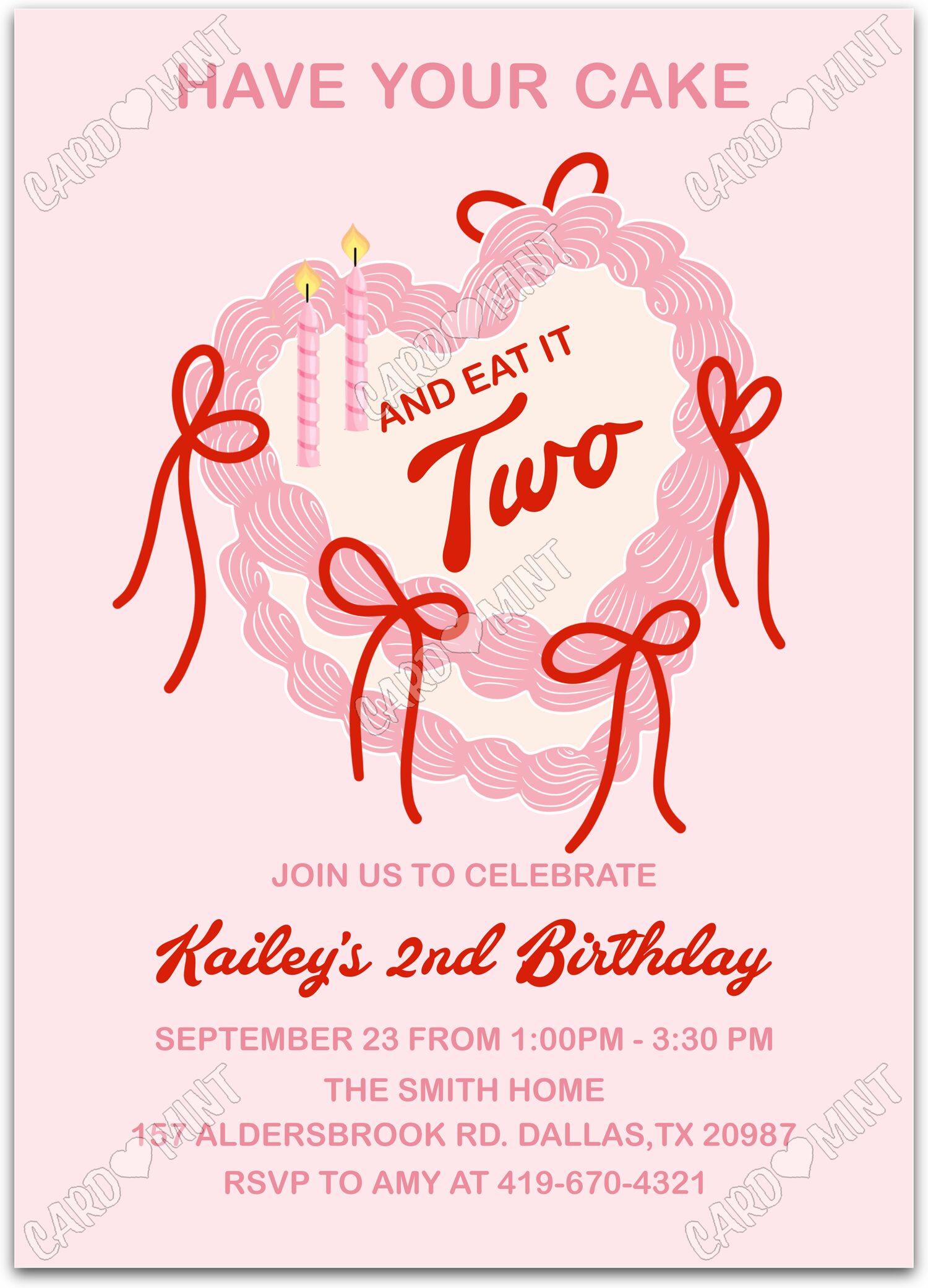 Editable Have Your Cake...TWO pink cake with red bows girl 2nd Birthday Party 5"x7" Invitation EV1703