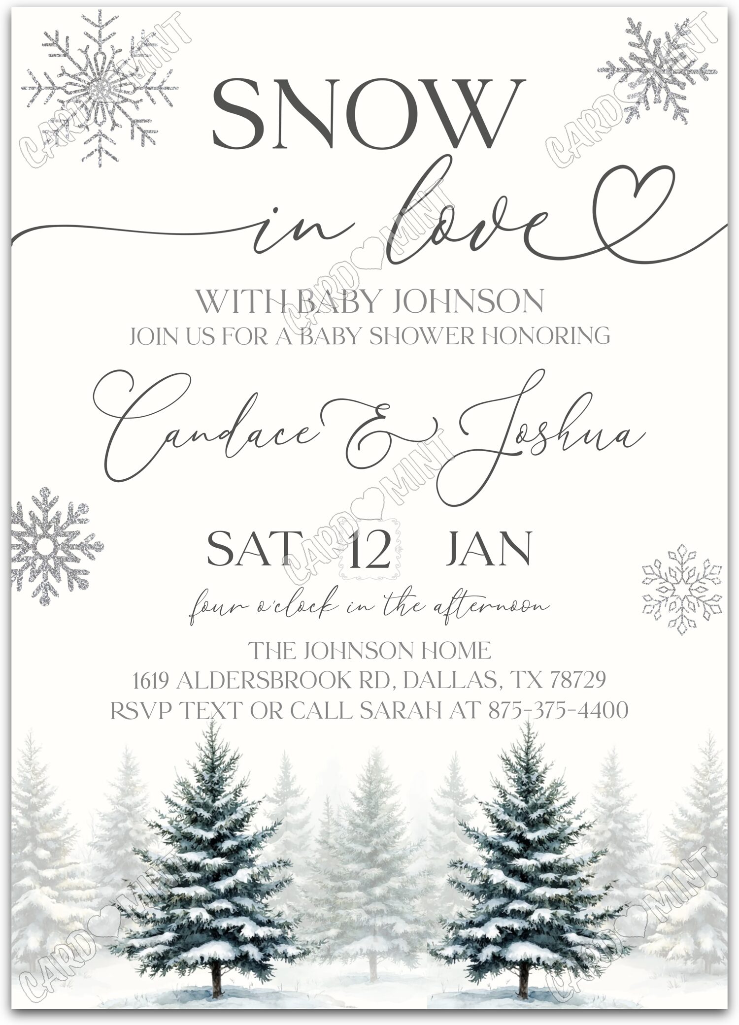 Editable Snow In Love white silver snowflakes neutral winter Baby Shower 5"x7" Invitation EV1704