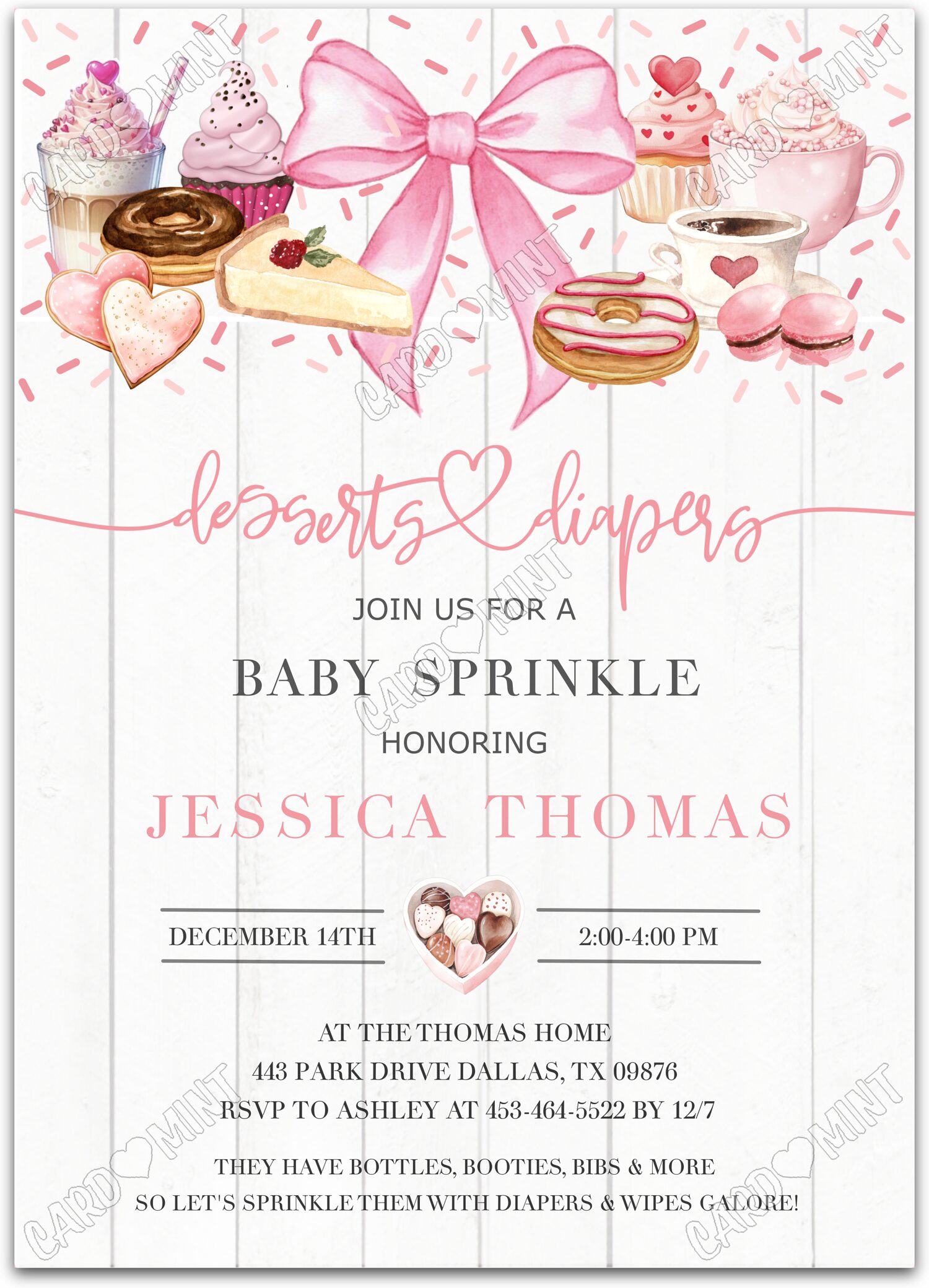 Editable Desserts and Diapers white pink bow and hearts girl Baby Sprinkle Invitation EV1709