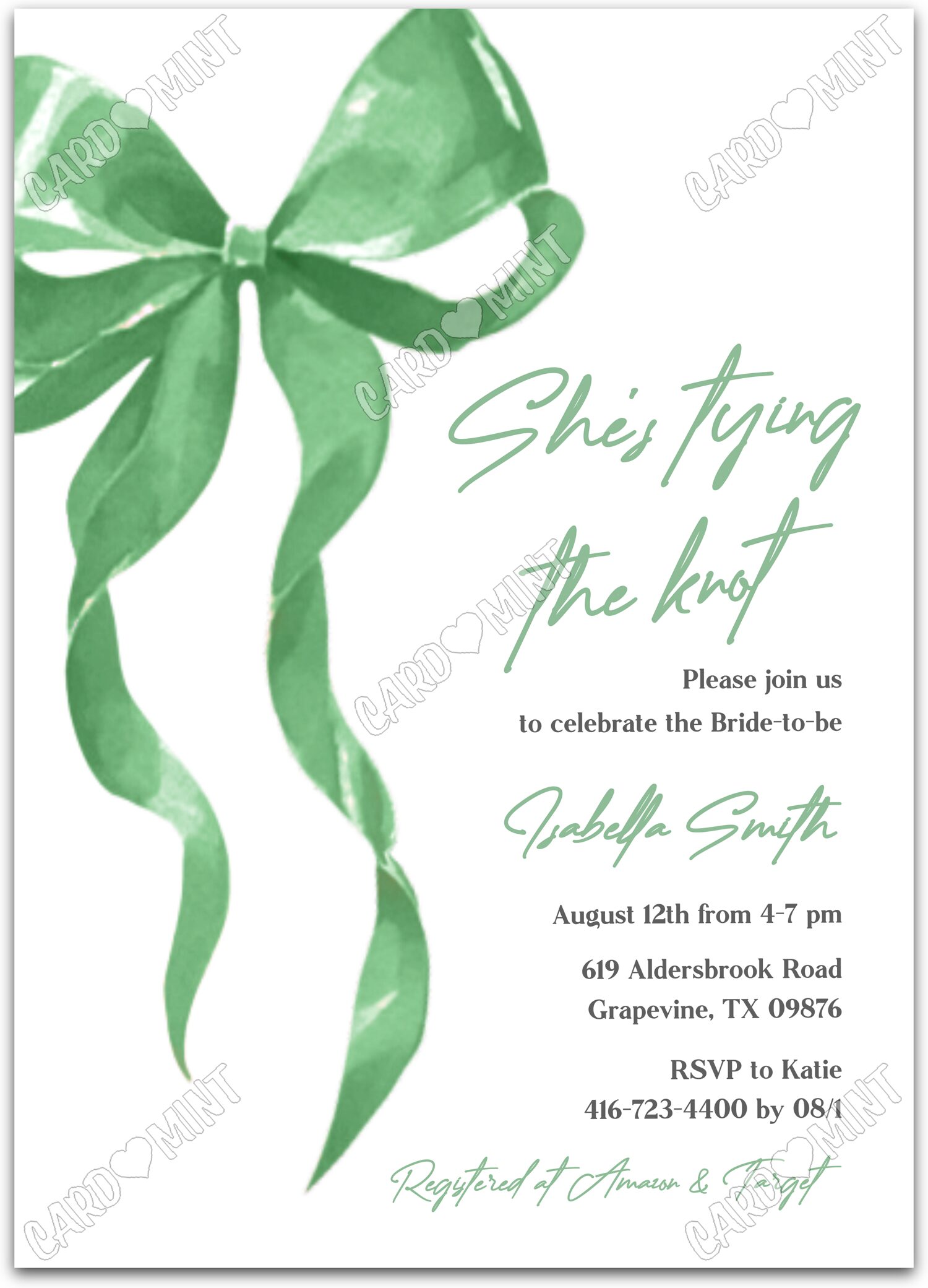 Editable She's Tying the Knot white green bow Bridal Shower 5"x7" Invitation EV1710