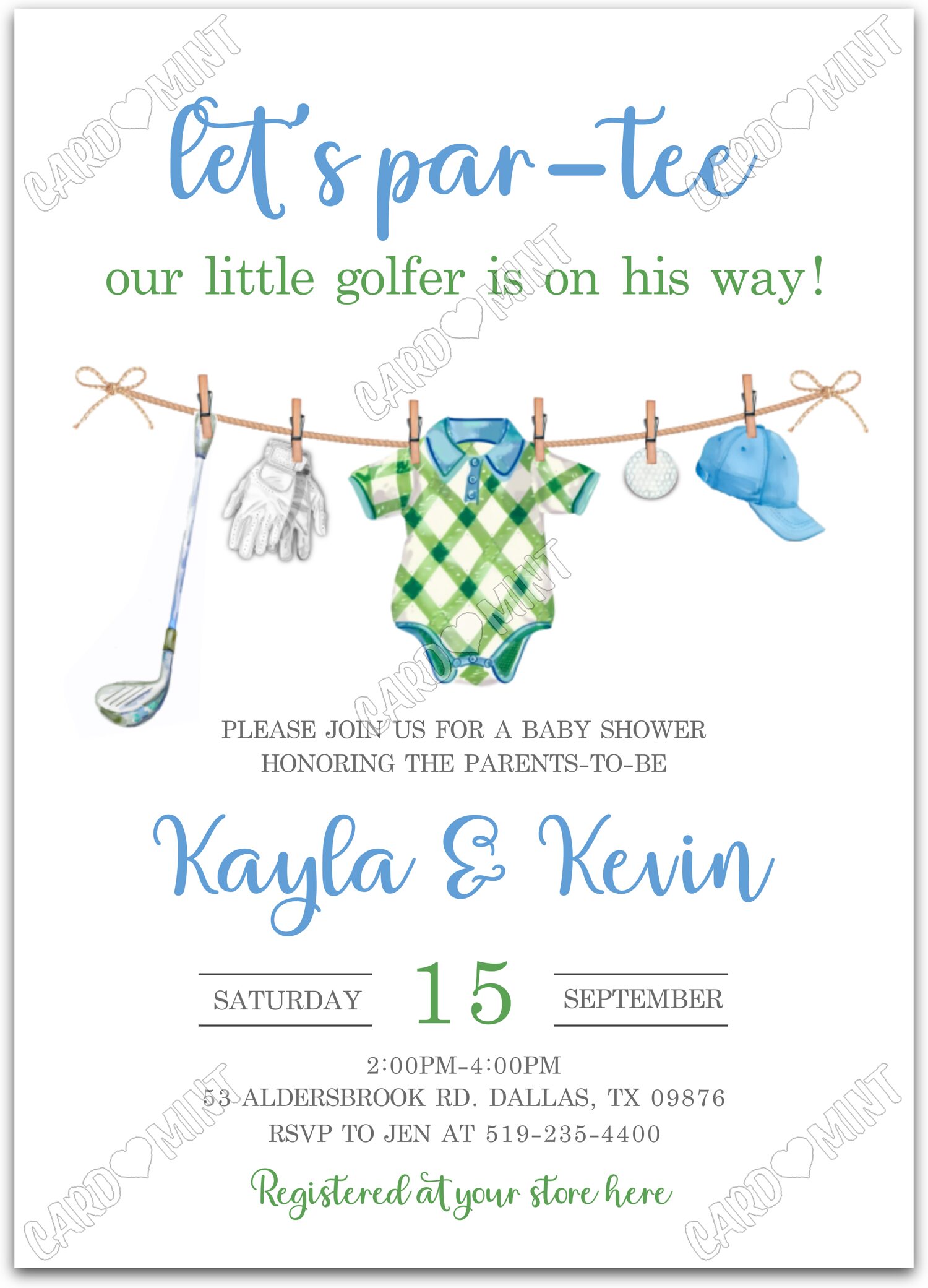 Editable Let's Par-Tee white golf club & golf apparel boy Baby Shower 5"x7" Invitation EV1715