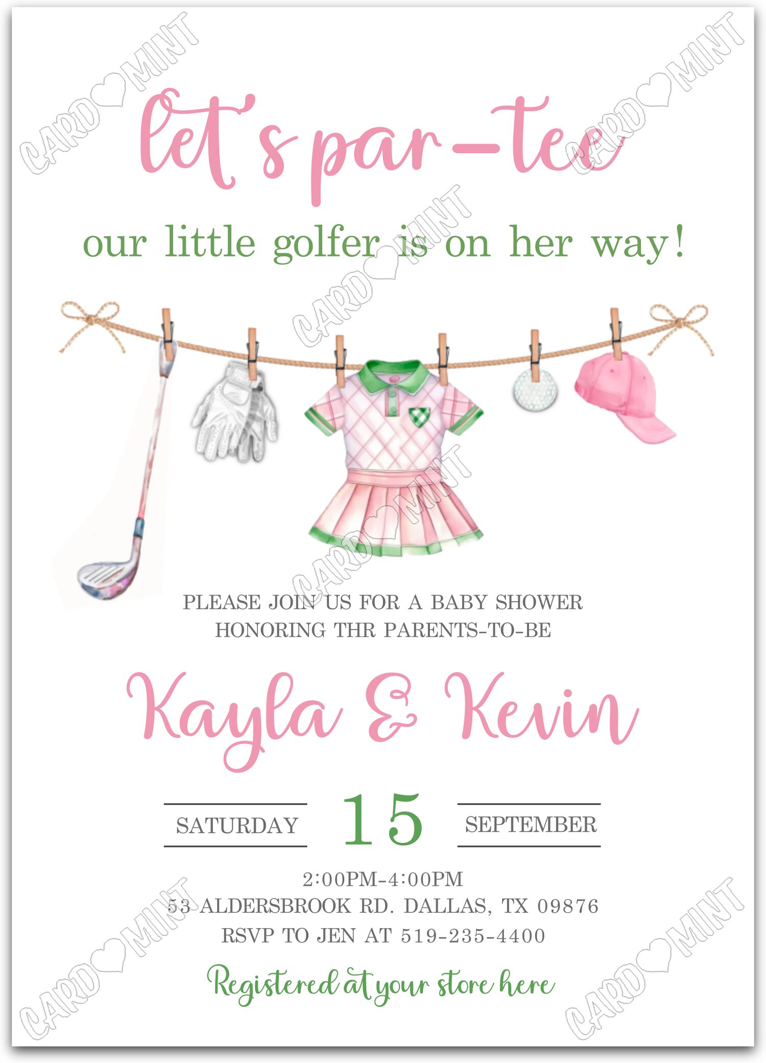 Editable Let's Par-Tee white golf club & golf apparel girl Baby Shower 5"x7" Invitation EV1716