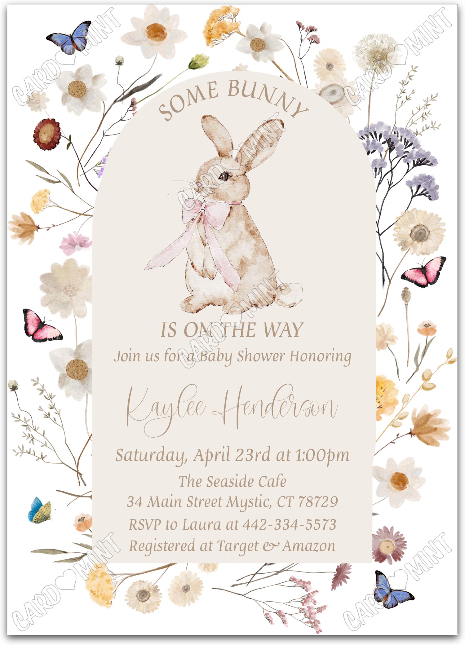 Editable Some Bunny white cute bunny w/pink bow & floral pattern girl Baby Shower 5"x7" Invitation EV1728