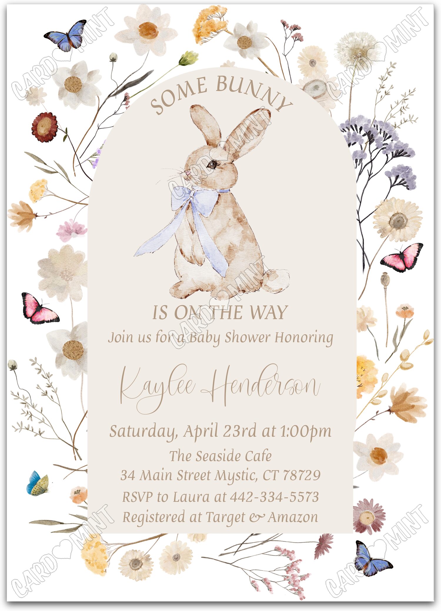 Editable Some Bunny white cute bunny w/blue bow & floral pattern boy Baby Shower 5"x7" Invitation EV1729