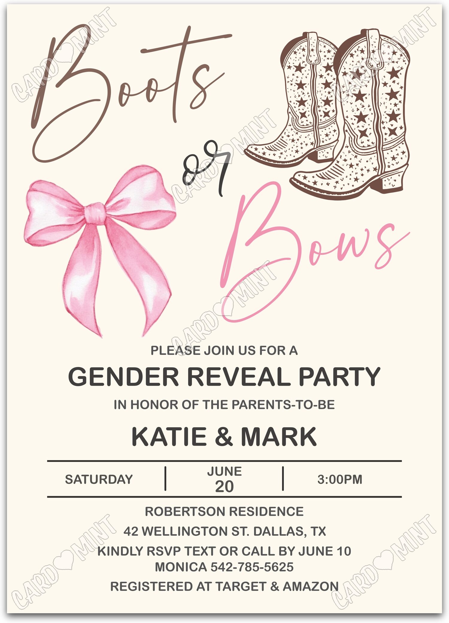 Editable Boots or Bows beige cowboy boots & pink bow Gender Reveal 5"x7" Invitation EV1730