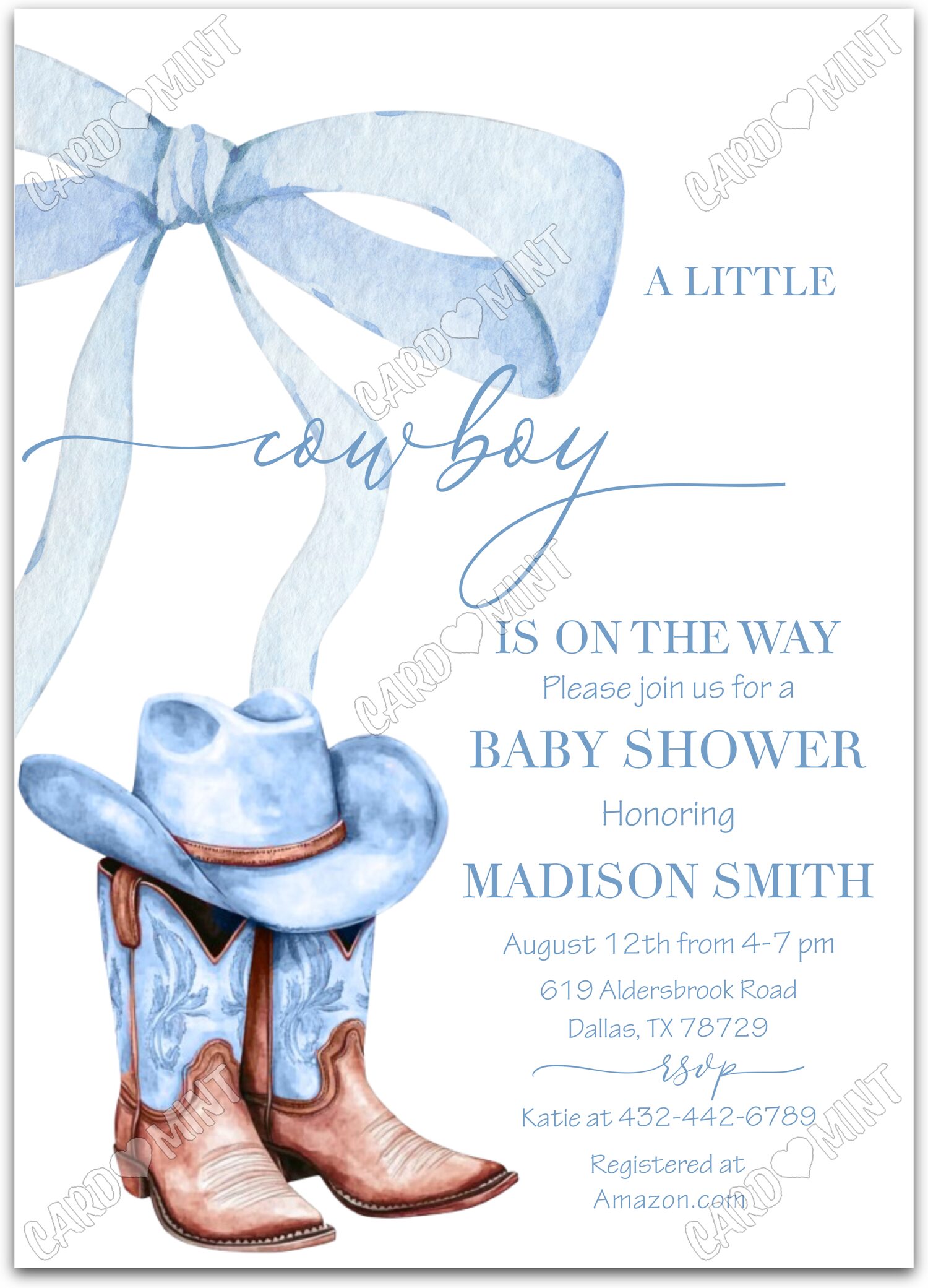 Editable A Little Cowboy white cowboy hat & boots boy Baby Shower 5"x7" Invitation EV1731