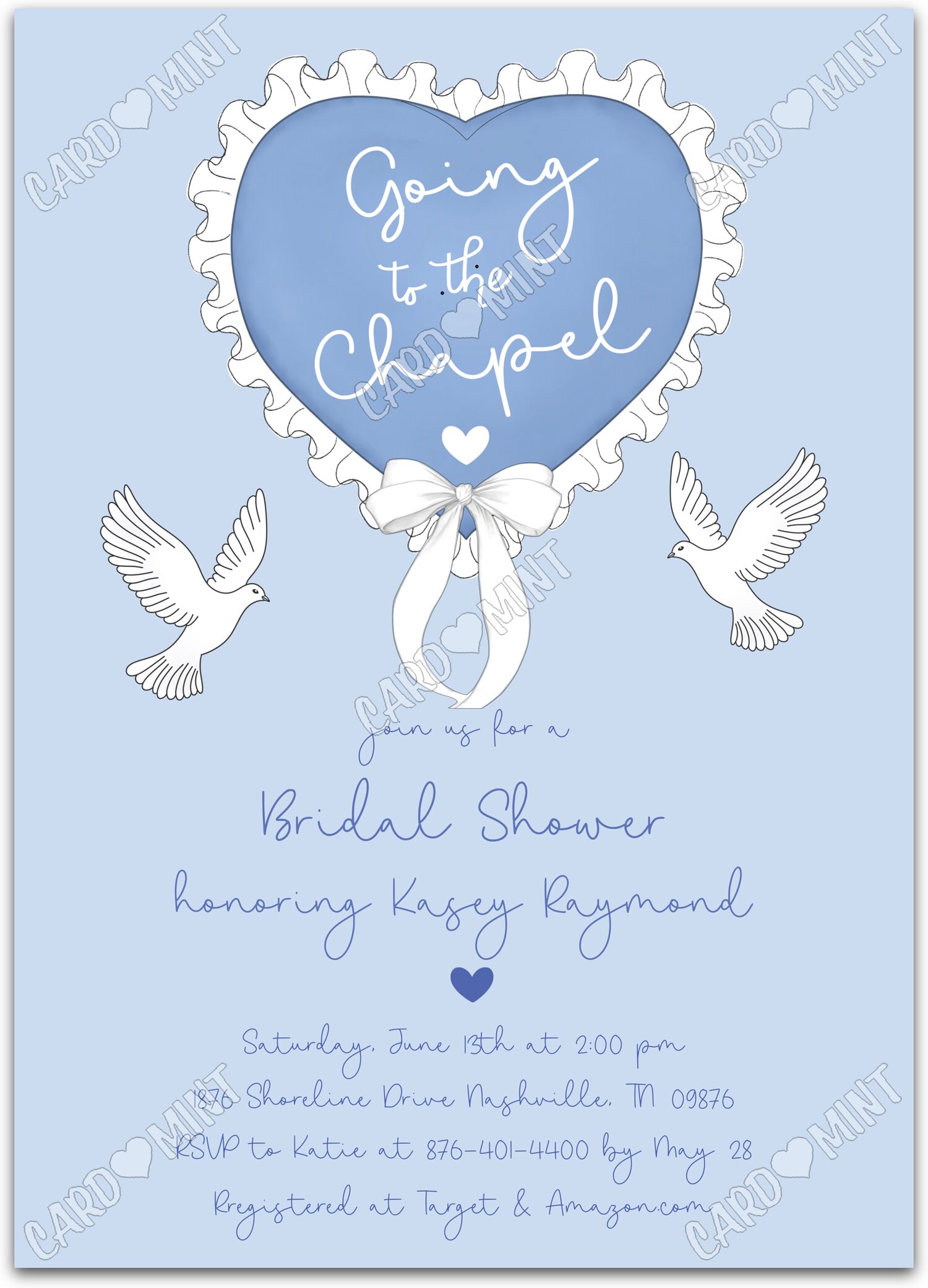 Editable Going to the Chapel blue white doves Bridal Shower 5"x7" Invitation EV1734