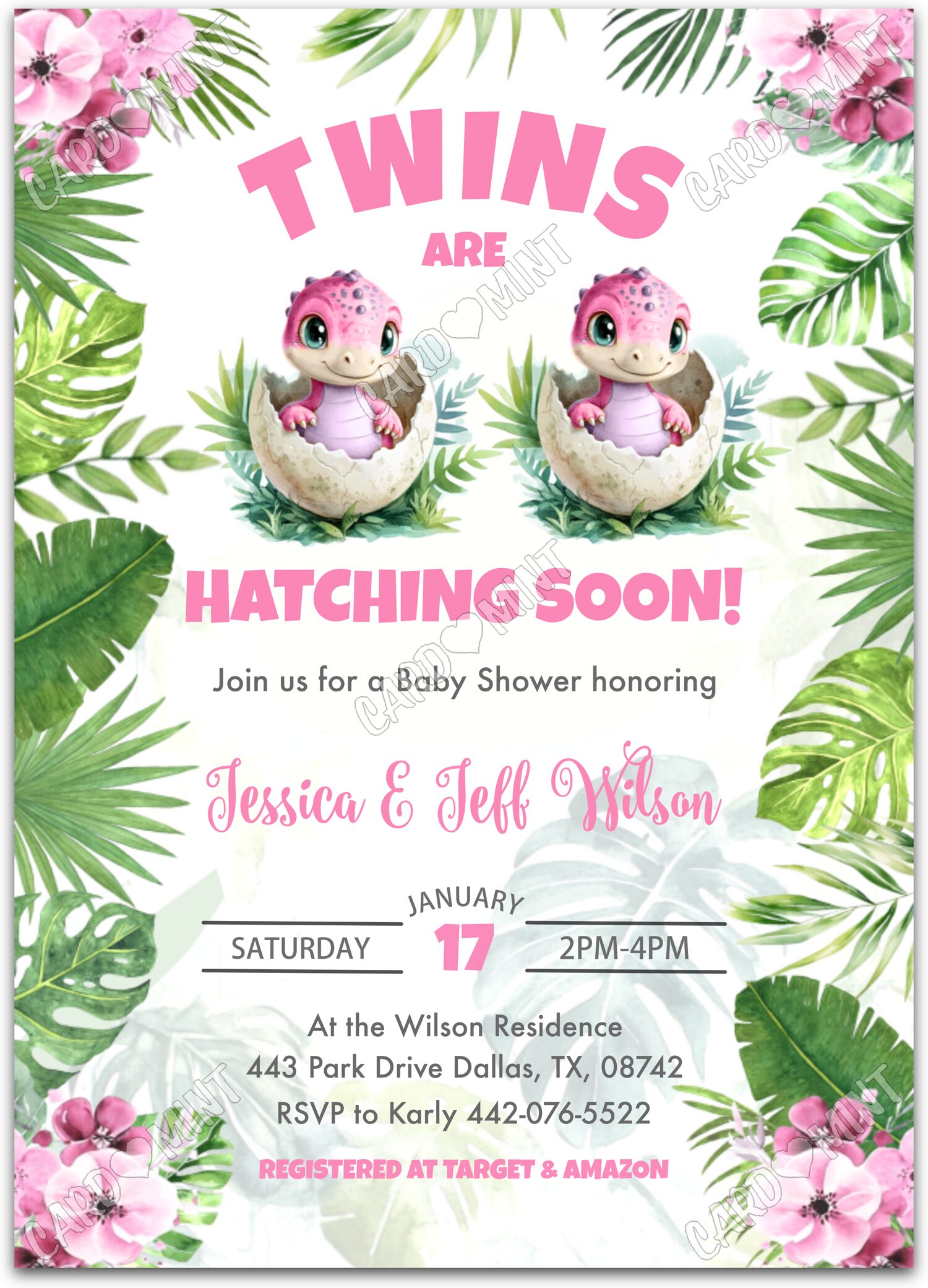 Editable Twins Are Hatching Soon white newborn dino twins girl Baby Shower 5"x7" Invitation EV1735