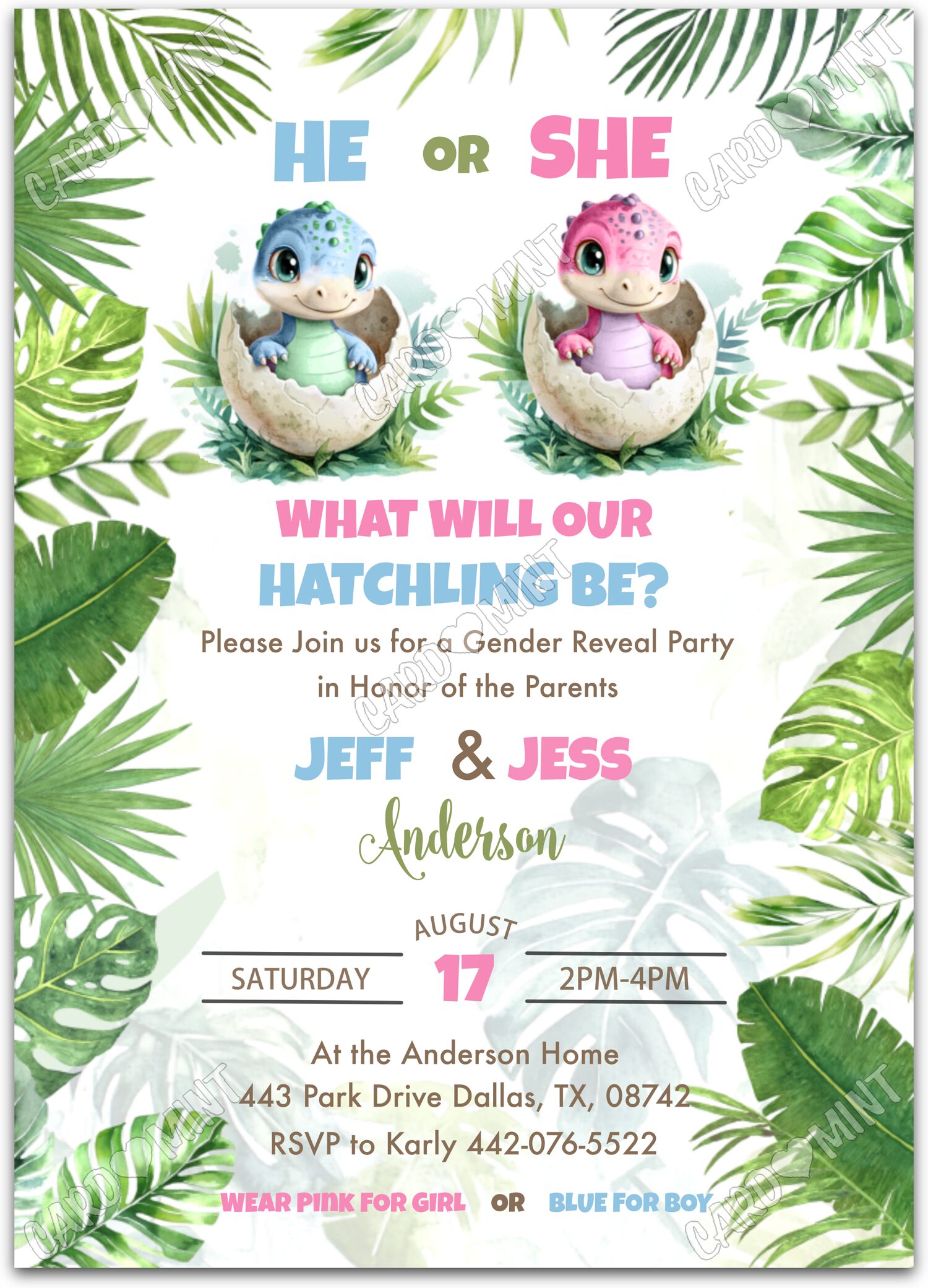 Editable What Will Hatchlings Be? white newborn dinos Gender Reveal 5"x7" Invitation EV1737