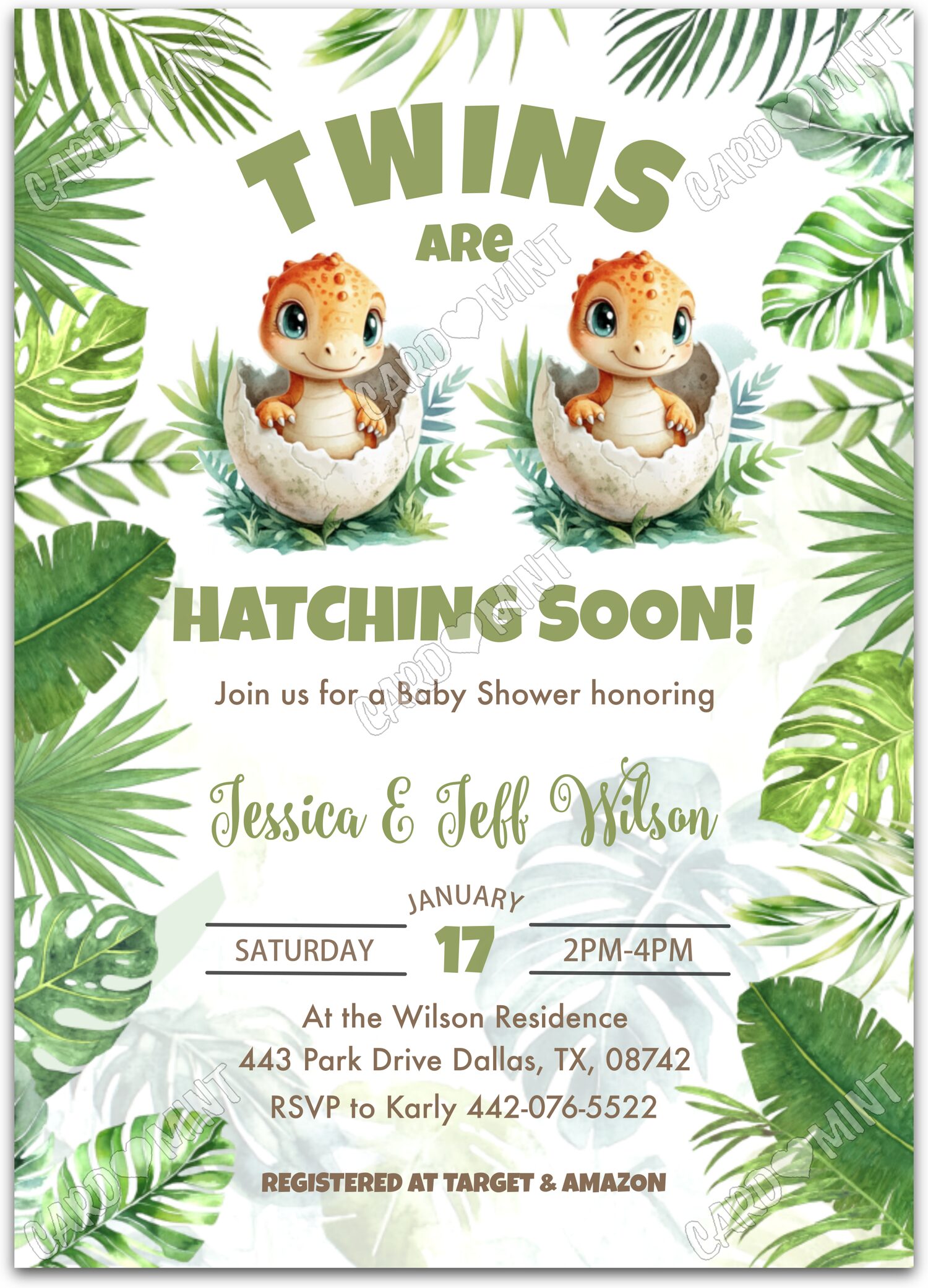 Editable Twins Are Hatching Soon! white newborn dinos Gender Reveal 5"x7" Invitation EV1738