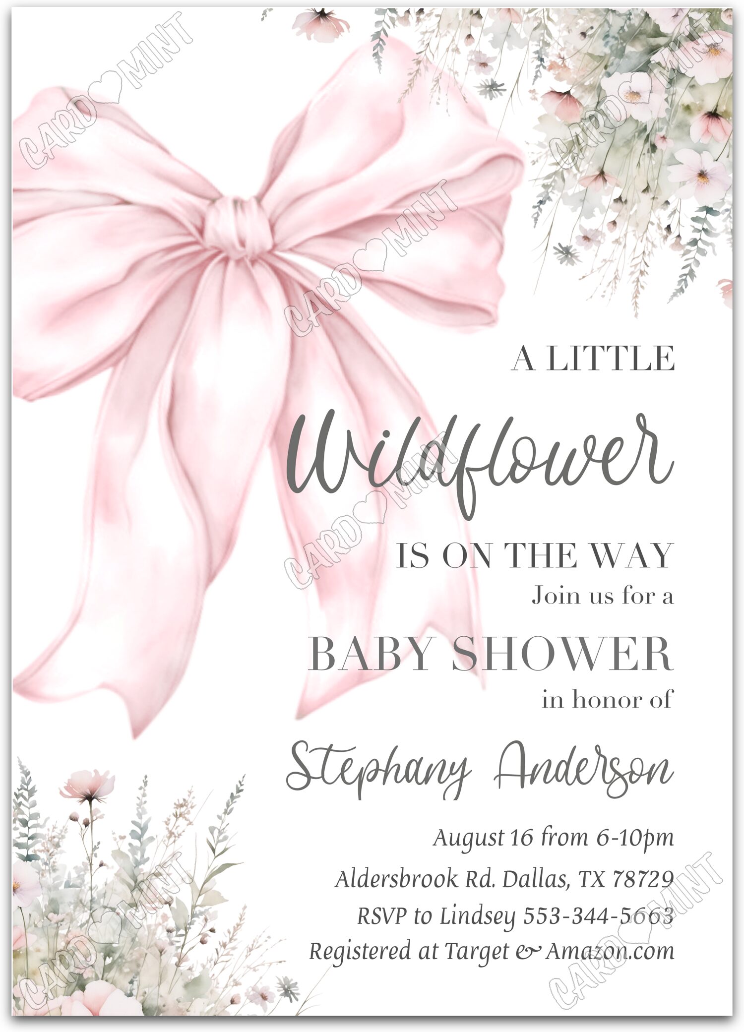 Editable A Little Wildflower white pink bow & wildflowers girl Baby Shower 5"x7" Invitation EV1739