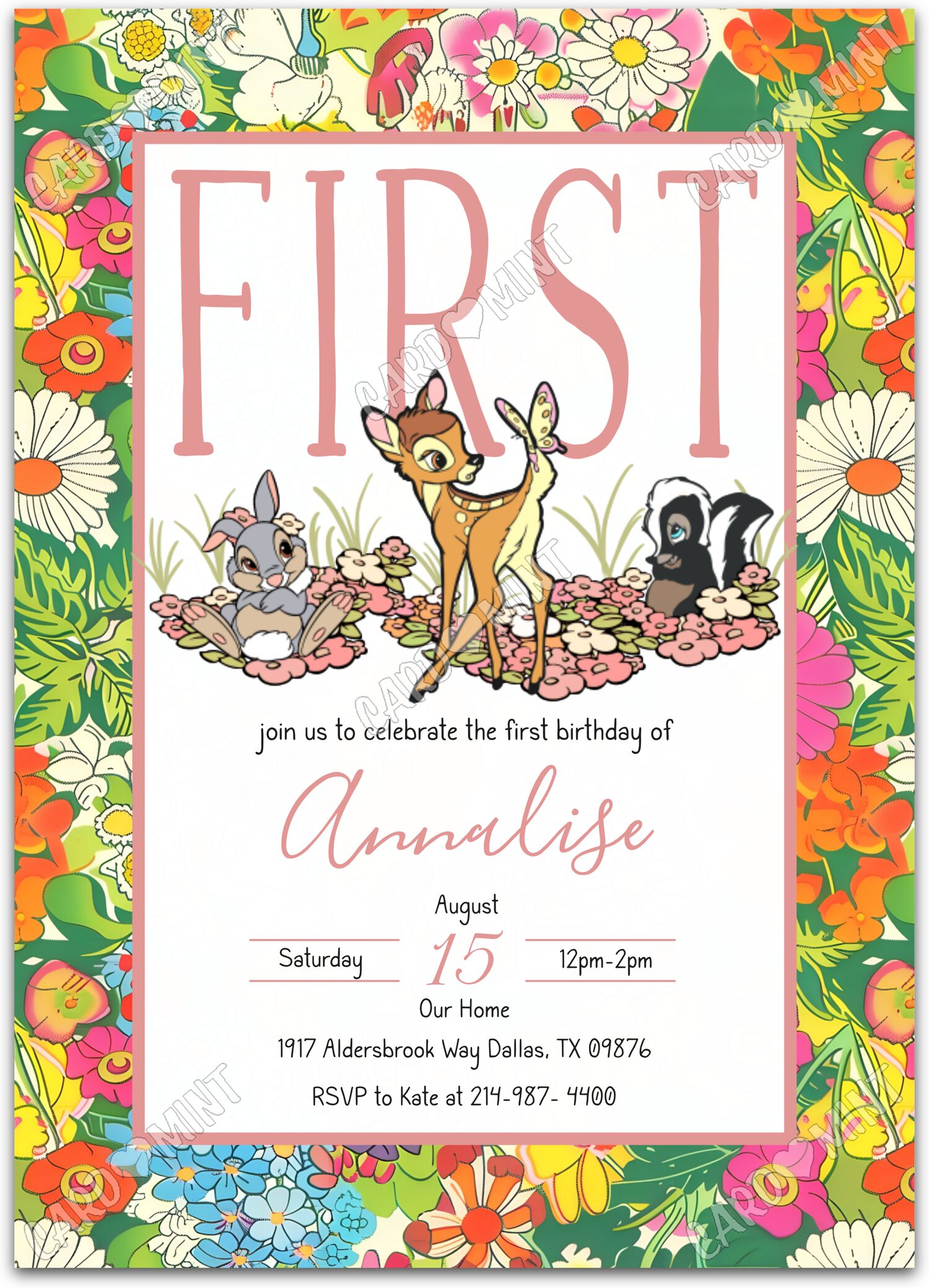 Editable Bambi & Friends colorful floral pattern girl First Birthday Party 5"x7" Invitation EV1740