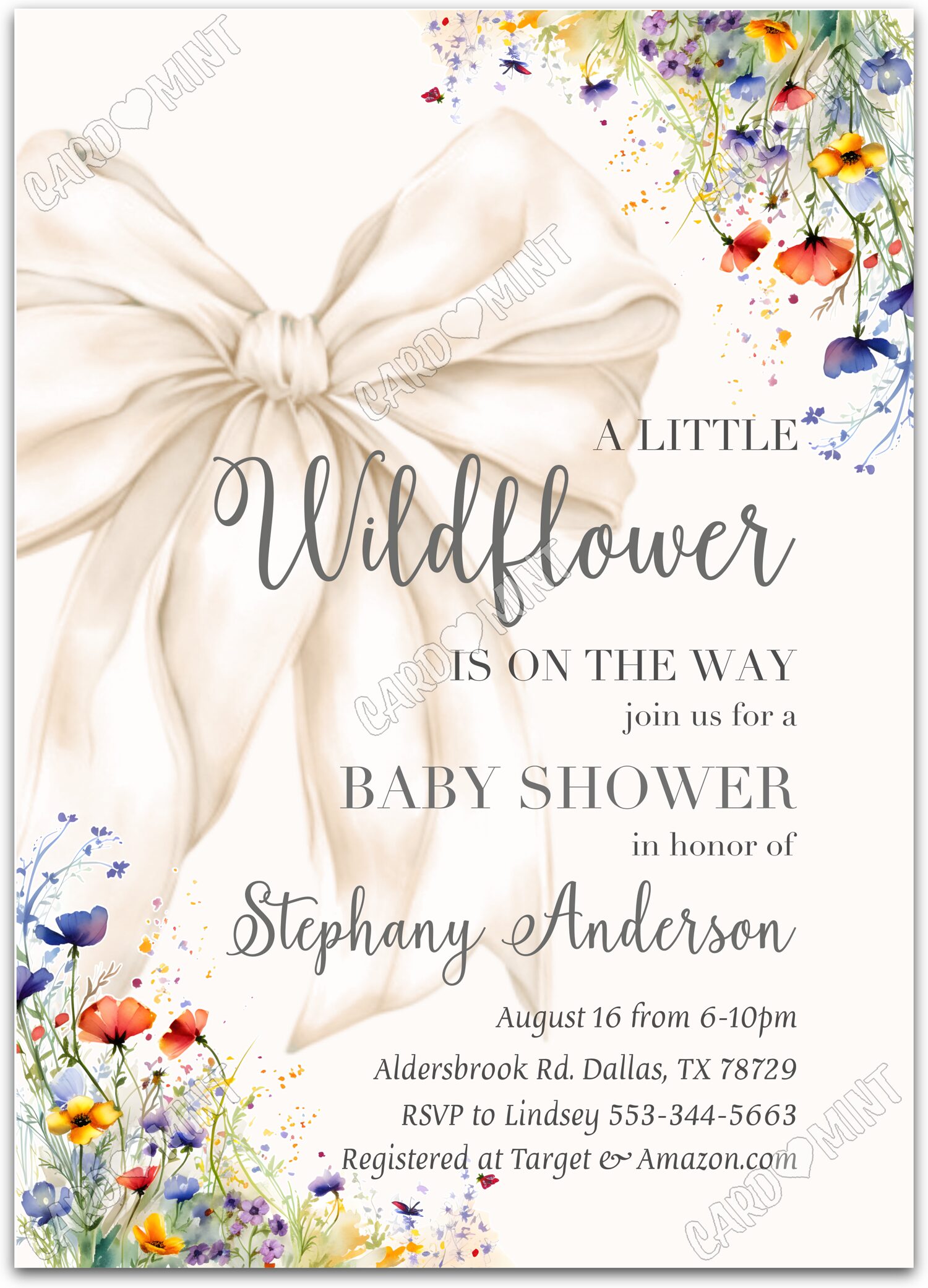 Editable A Little Wildflower beige bow & wildflowers girl Baby Shower 5"x7" Invitation EV1741