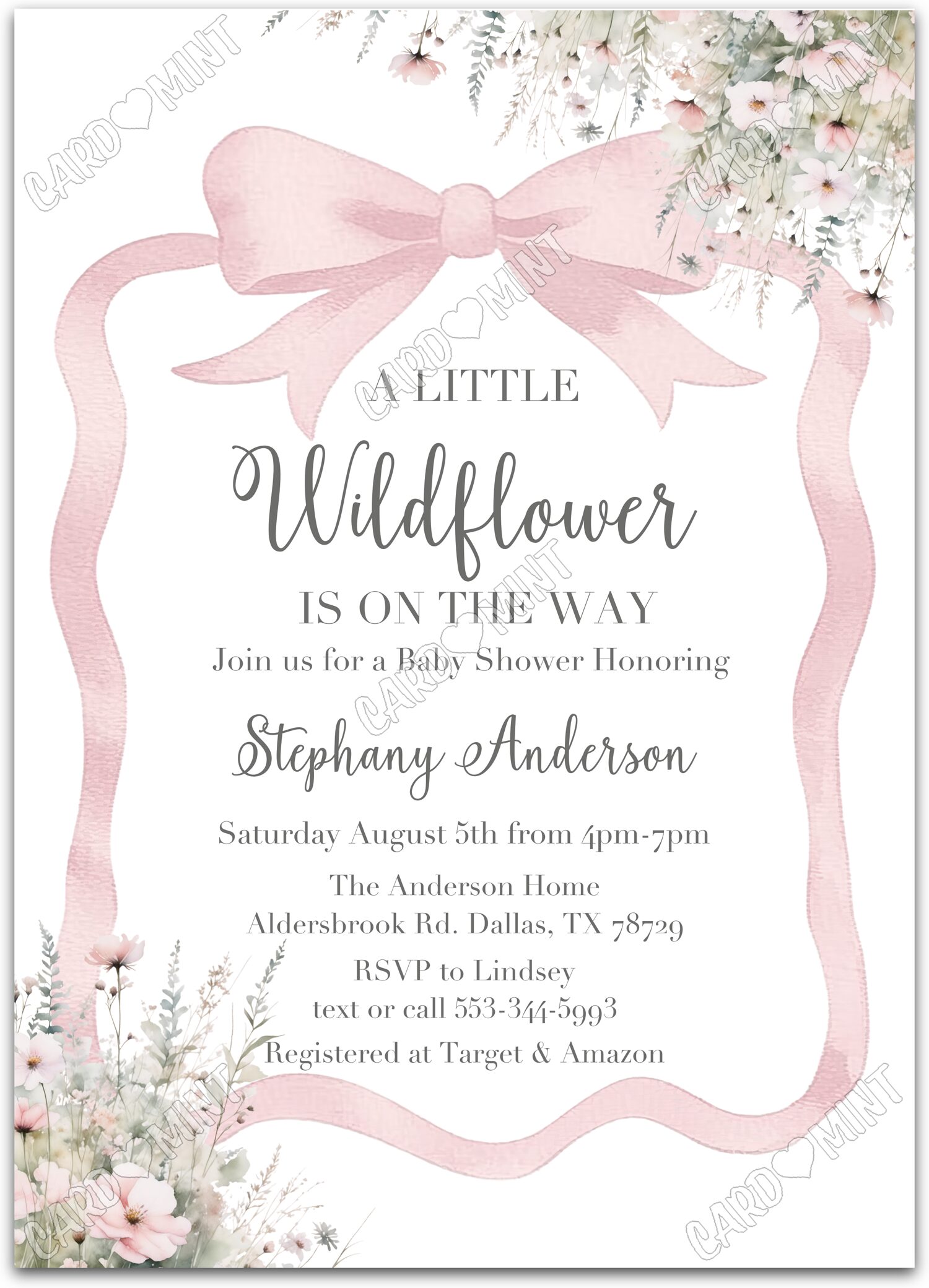 Editable A Little Wildflower white pink bow & wildflowers girl Baby Shower 5"x7" Invitation EV1742