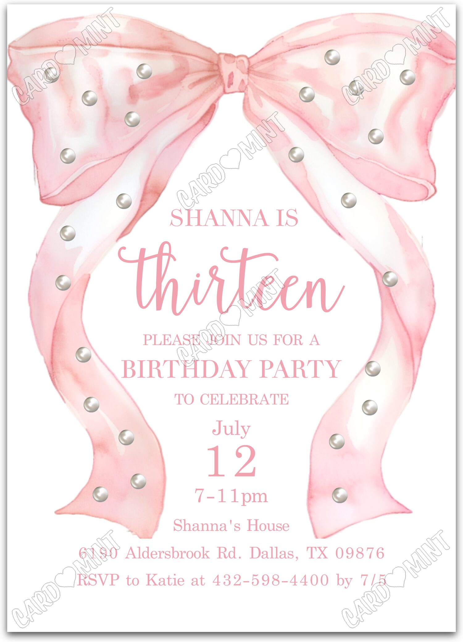 Editable Pearls pink pink bow w/ pearls girl Birthday Party 5"x7" Invitation EV1747