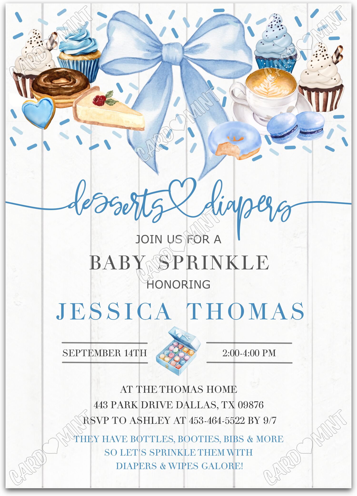 Editable Desserts and Diapers white blue bow & treats boy Baby Sprinkle 5"x7" Invitation EV1750