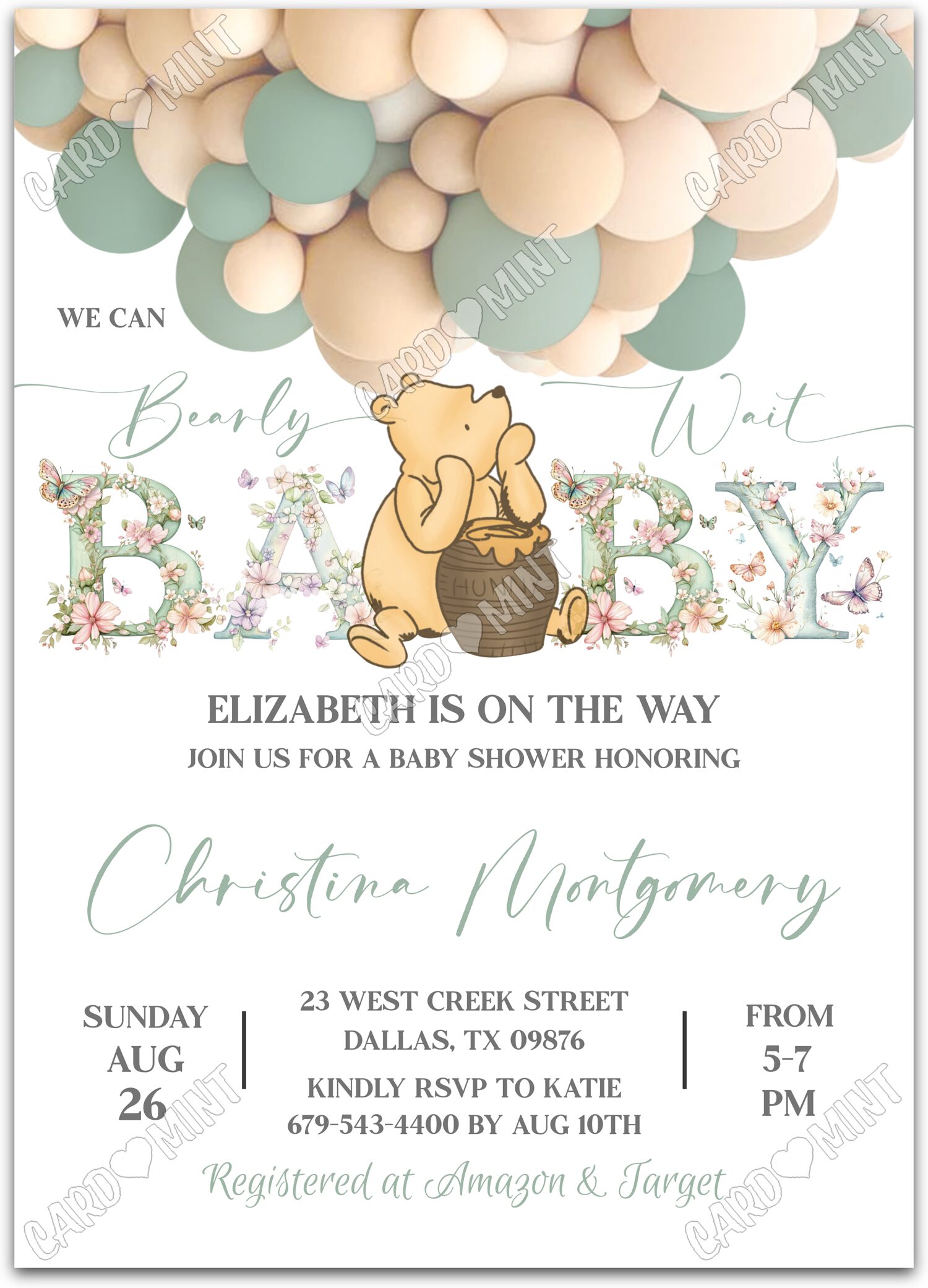 Editable We Can Bearly Wait white Winnie the Pooh girl Baby Shower 5"x7" Invitation EV1751