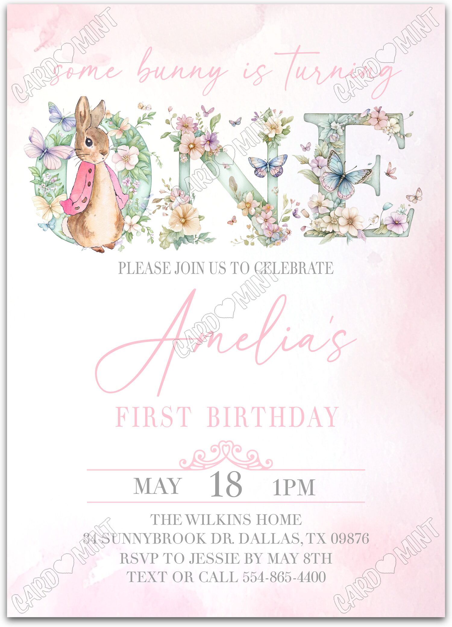 Editable Turning ONE pink classic Flopsy girl First Birthday Party 5"x7" Invitation EV1752