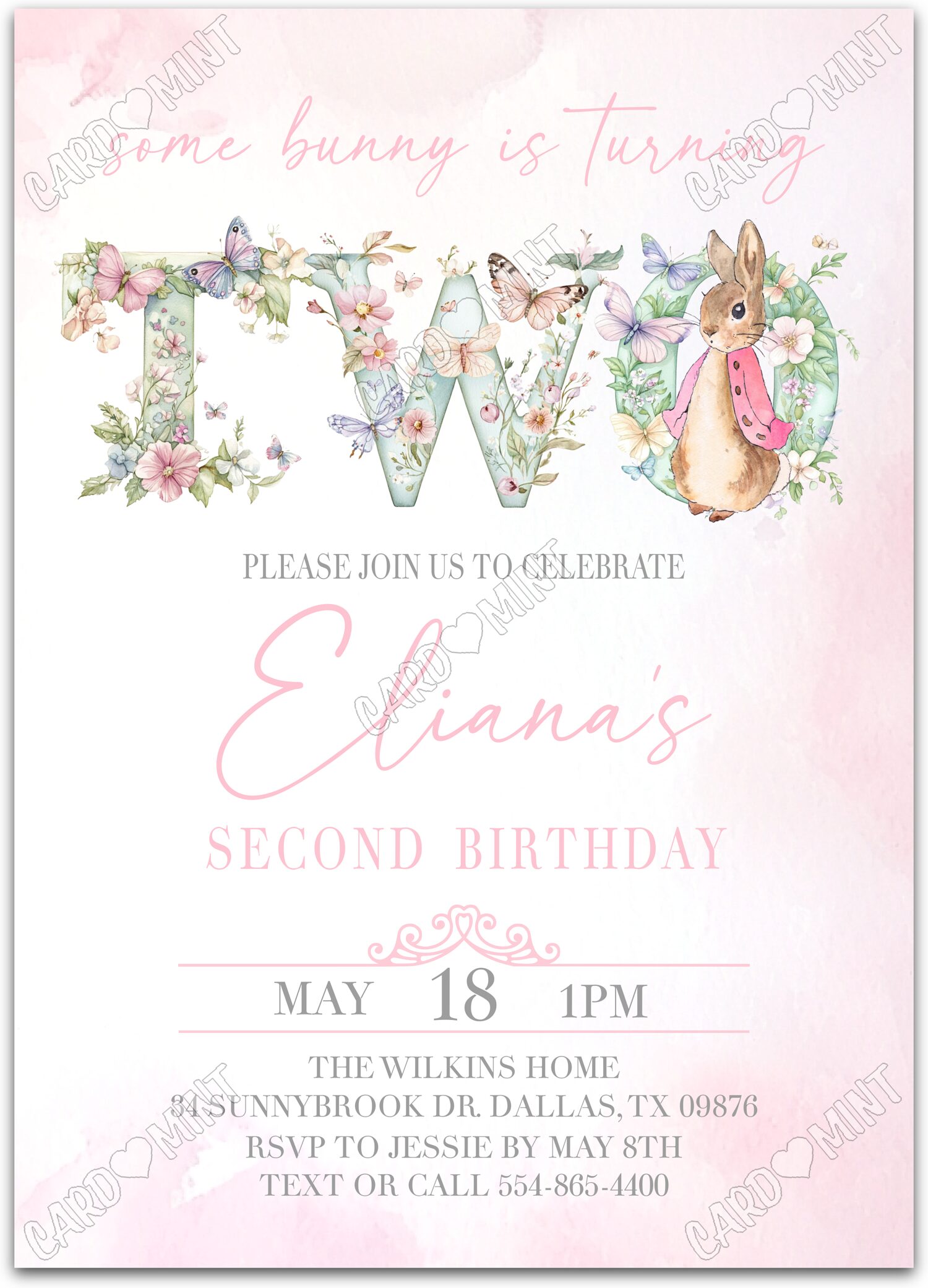 Editable Turning TWO pink classic Flopsy Rabbit girl 2nd Birthday Party 5"x7" Invitation EV1753