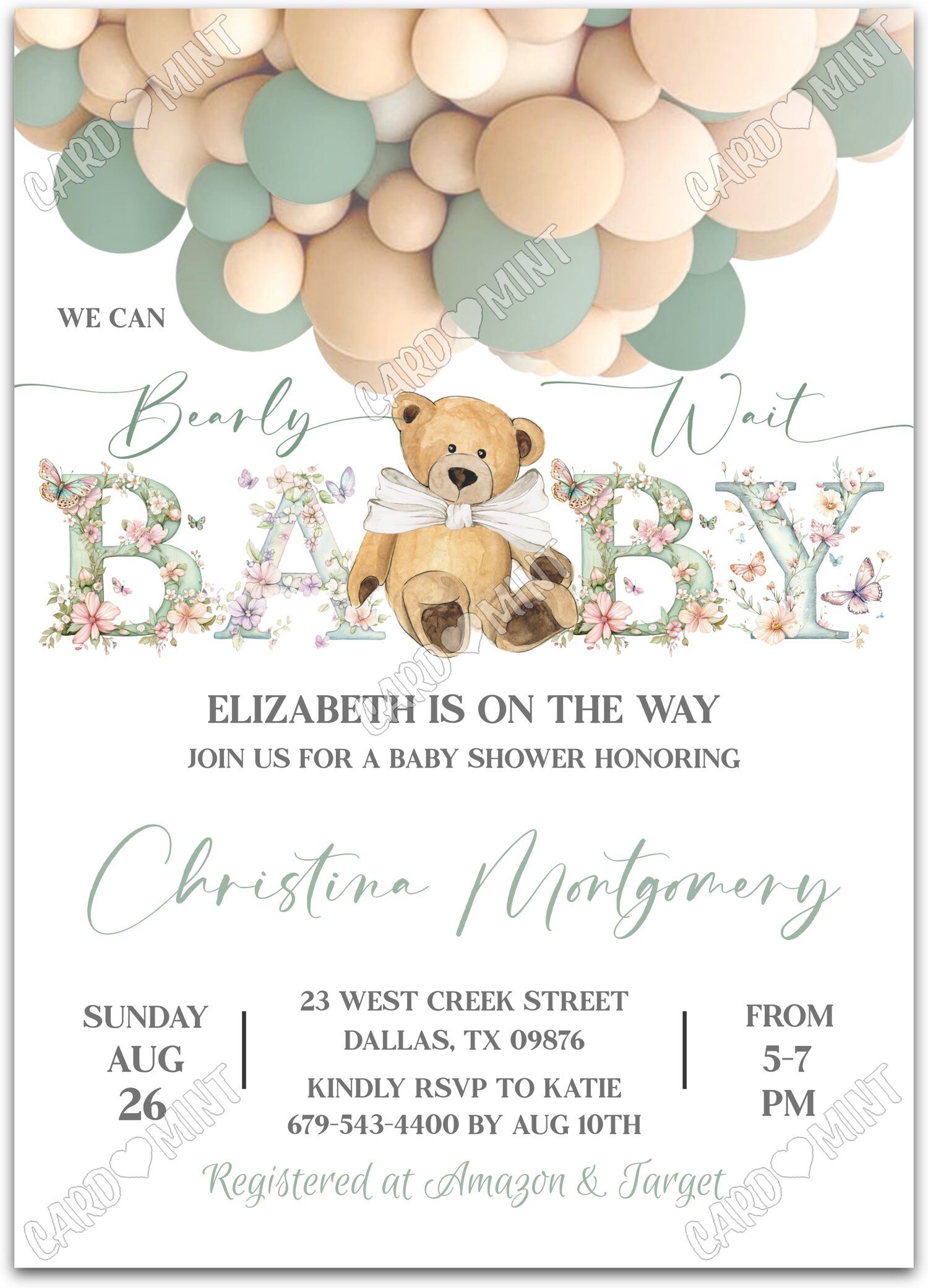 Editable We Can Bearly Wait white teddy bear & wildflowers girl Baby Shower 5"x7" Invitation EV1757