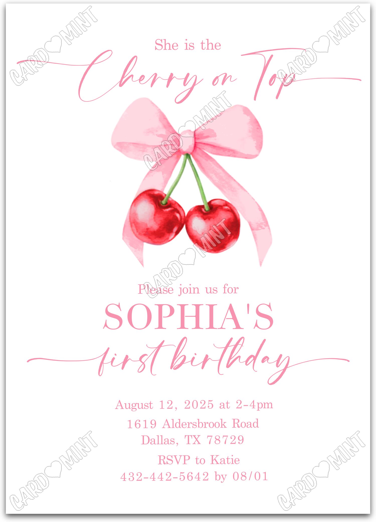 Editable Cherry on Top white cherries & pink ribbon girl First Birthday Party 5"x7" Invitation EV1758