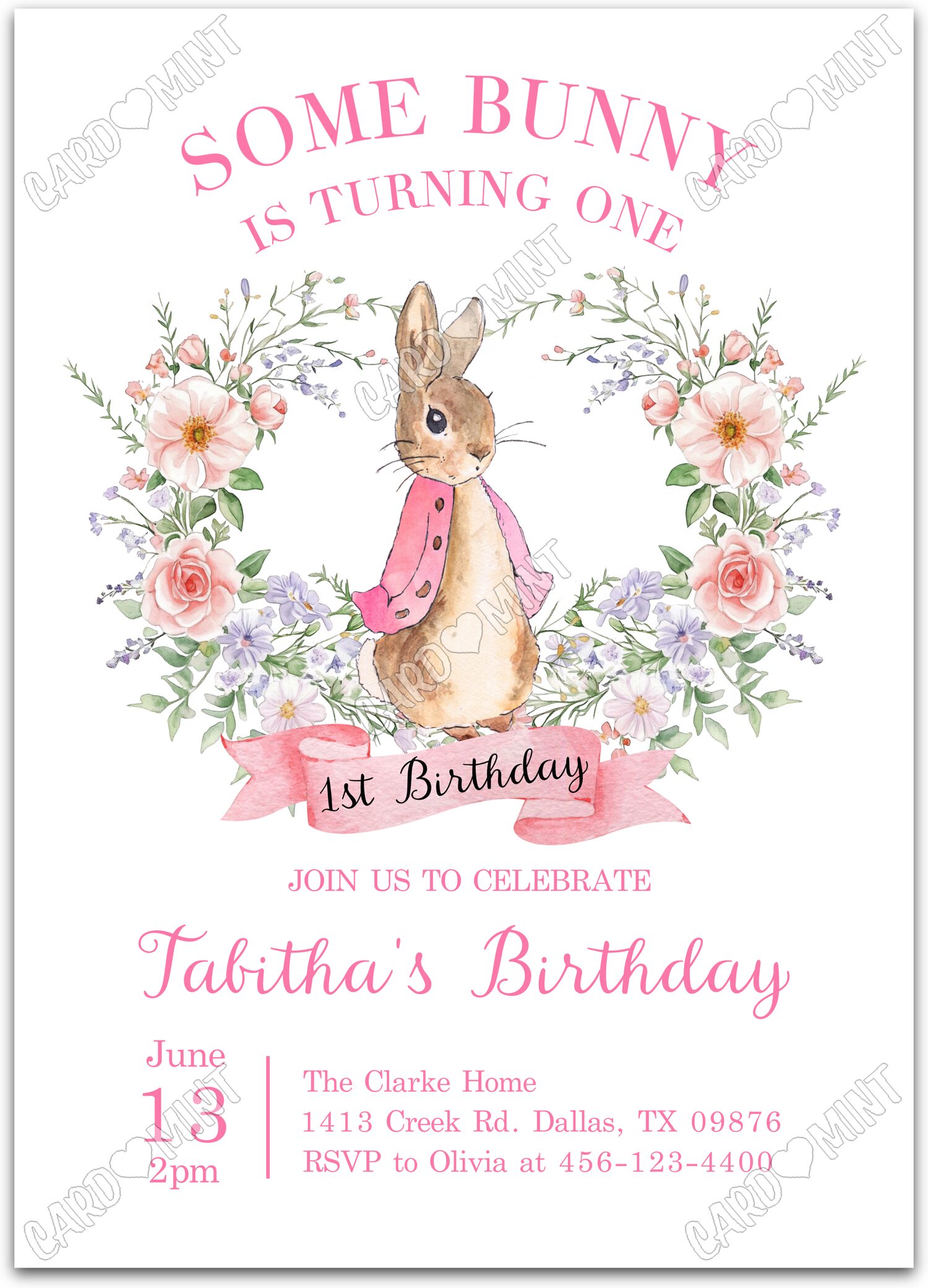 Editable Some Bunny white classic Flopsy & floral wreath girl Birthday Party 5"x7" Invitation EV1760