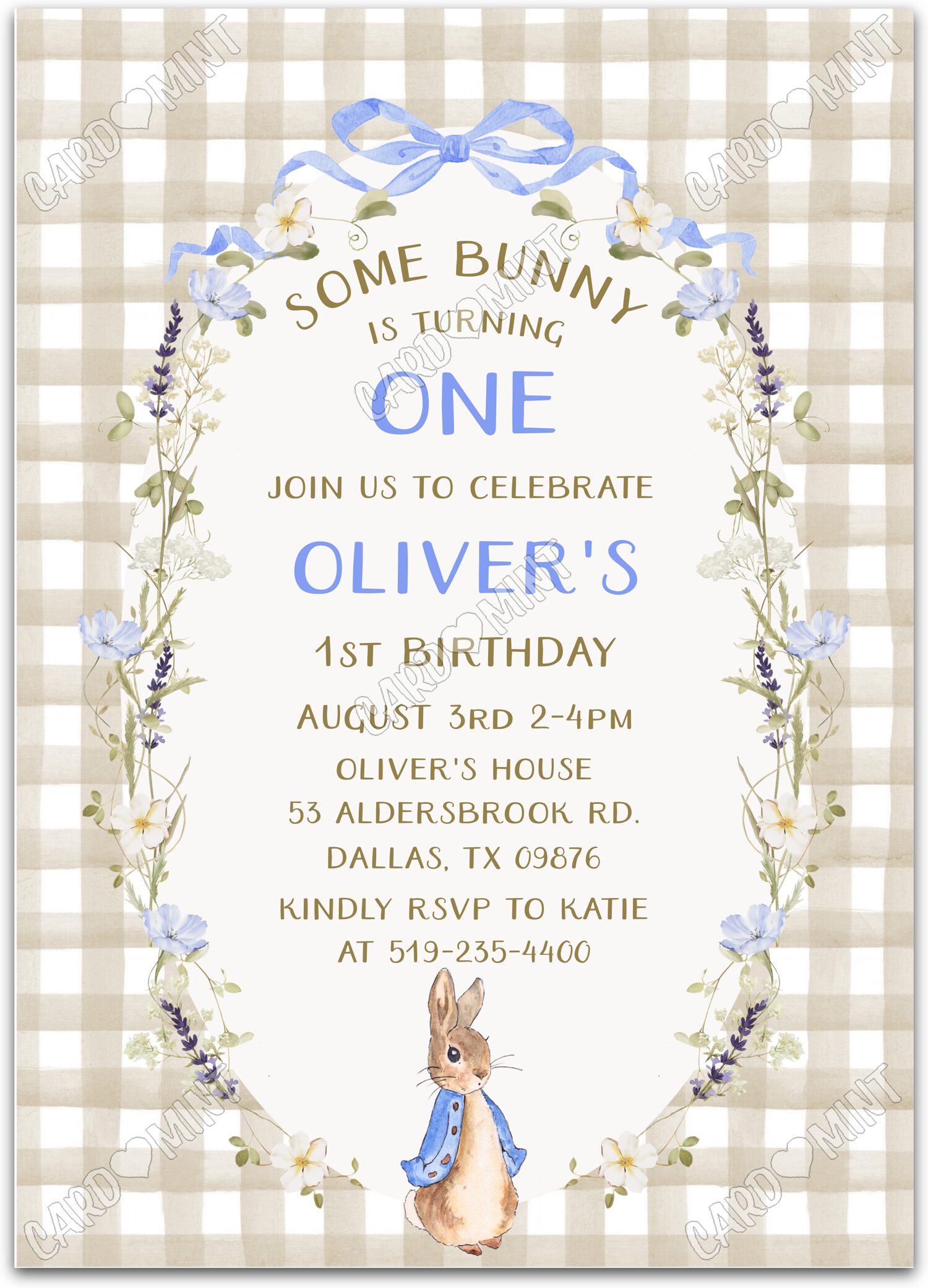 Editable Some Bunny beige classic Peter Rabbit & blue bows & gingham pattern boy Birthday Party 5"x7" Invitation EV1761