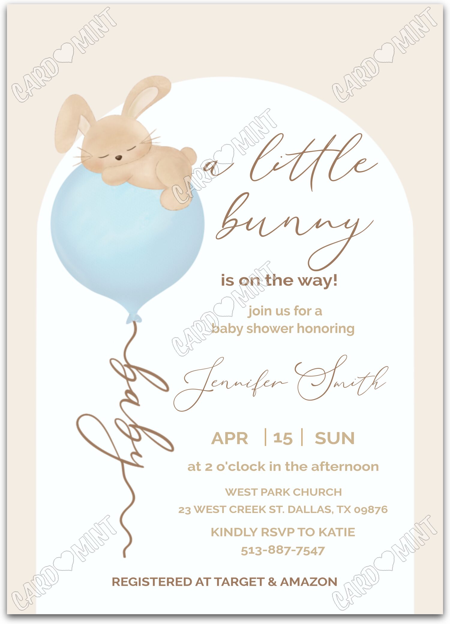 Editable A Little Bunny beige w/blue balloon boy Baby Shower 5"x7" Invitation EV1762