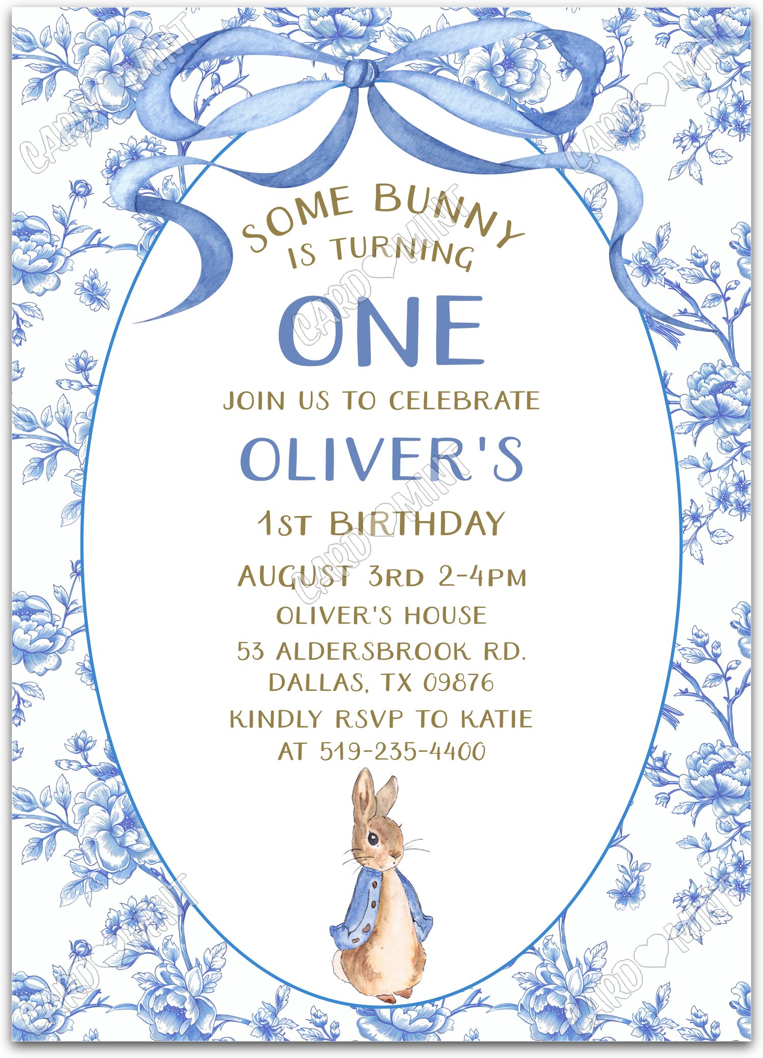 Editable Some Bunny blue Peter Rabbit & toile pattern boy Birthday Party 5"x7" Invitation EV1763