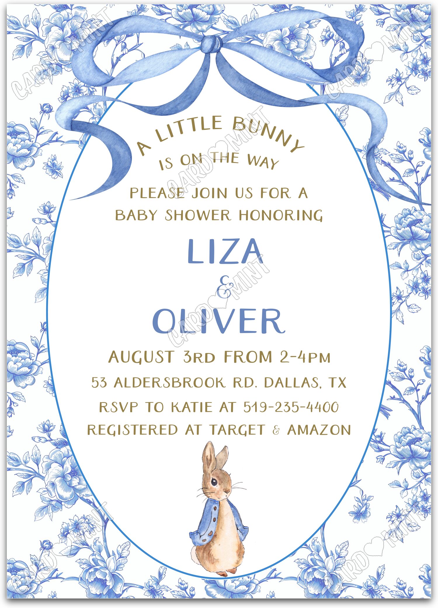 Editable A Little Bunny blue bow & floral pattern boy Baby Shower 5"x7" Invitation EV1764