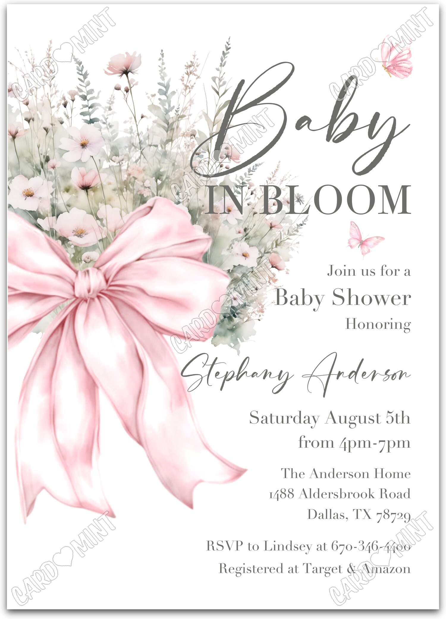 Editable Baby In Bloom white pink bow & wildflowers girl Baby Shower 5"x7" Invitation EV1765