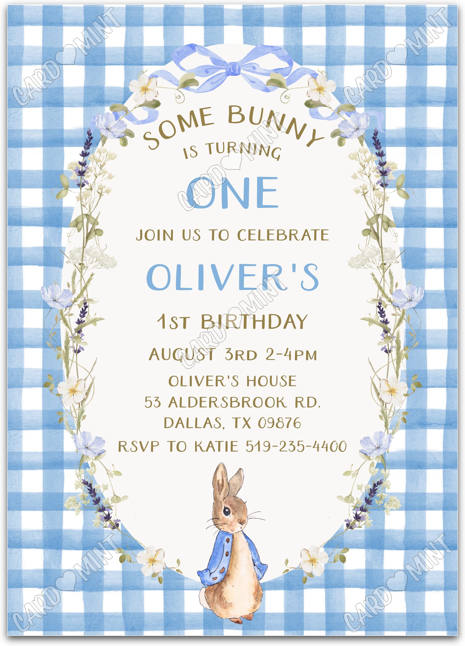 Editable Some Bunny blue classic Peter Rabbit & gingham pattern boy Birthday Party 5"x7" Invitation EV1766