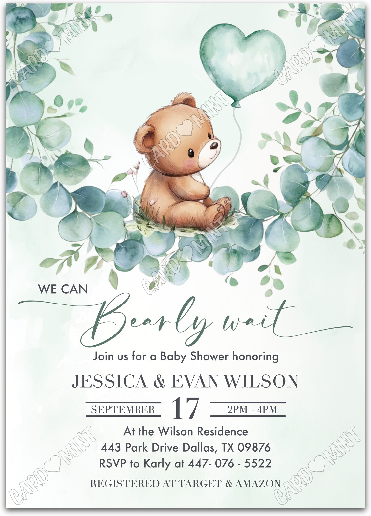 Editable Bearly Wait green eucalyptus leaves & balloon neutral Baby Shower 5"x7" Invitation EV1771