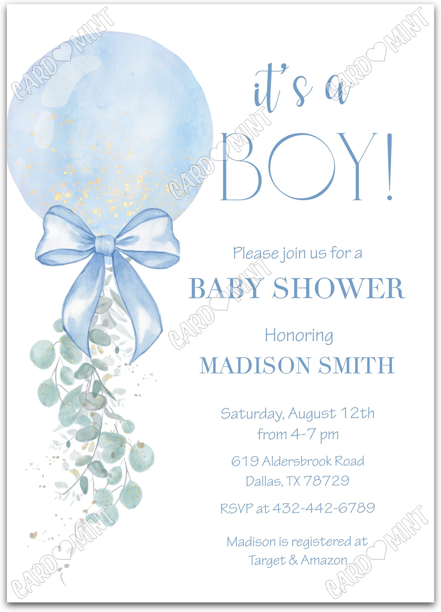 Editable Blue Balloon blue w/blue bow boy Baby Shower 5"x7" Invitation EV1772