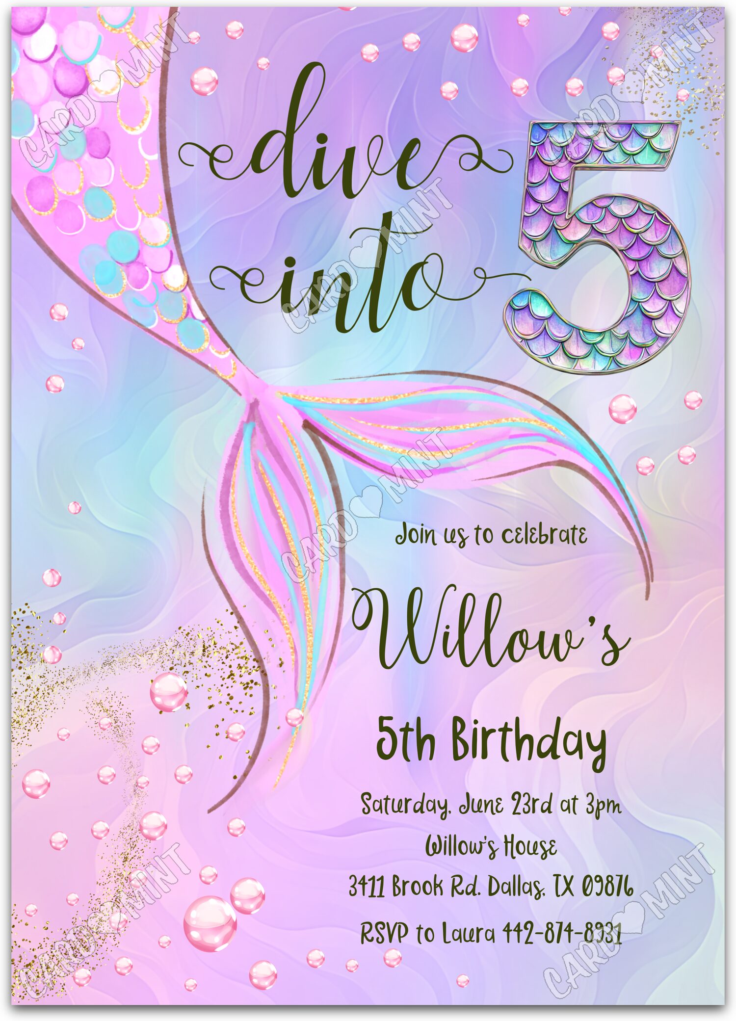 Editable Dive Into Five pink w/mermaid girl Birthday Party 5"x7" Invitation EV1773