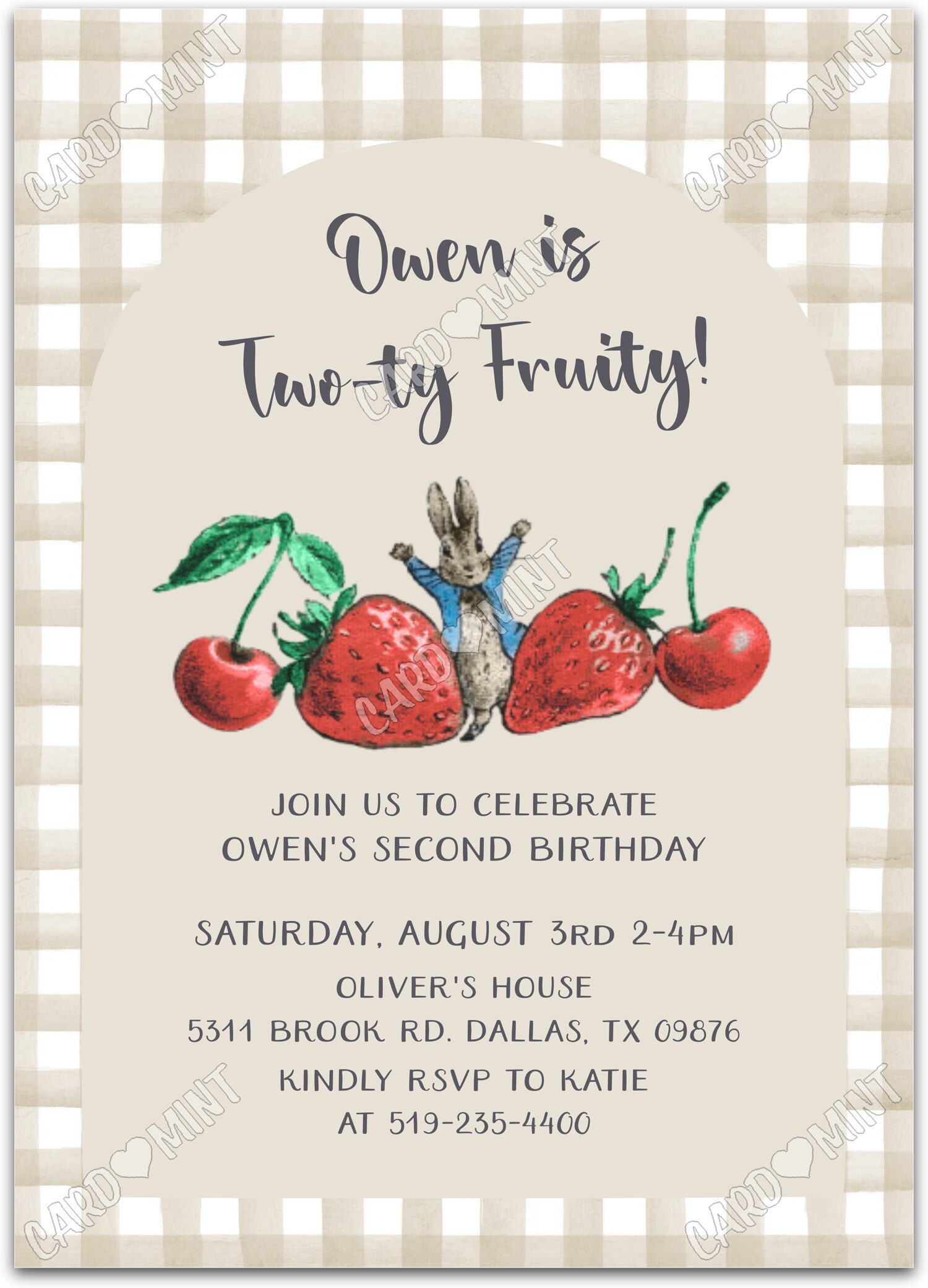 Editable Two-ty Fruity tan classic Peter Rabbit & gingham pattern boy Birthday Party 5"x7" Invitation EV1774