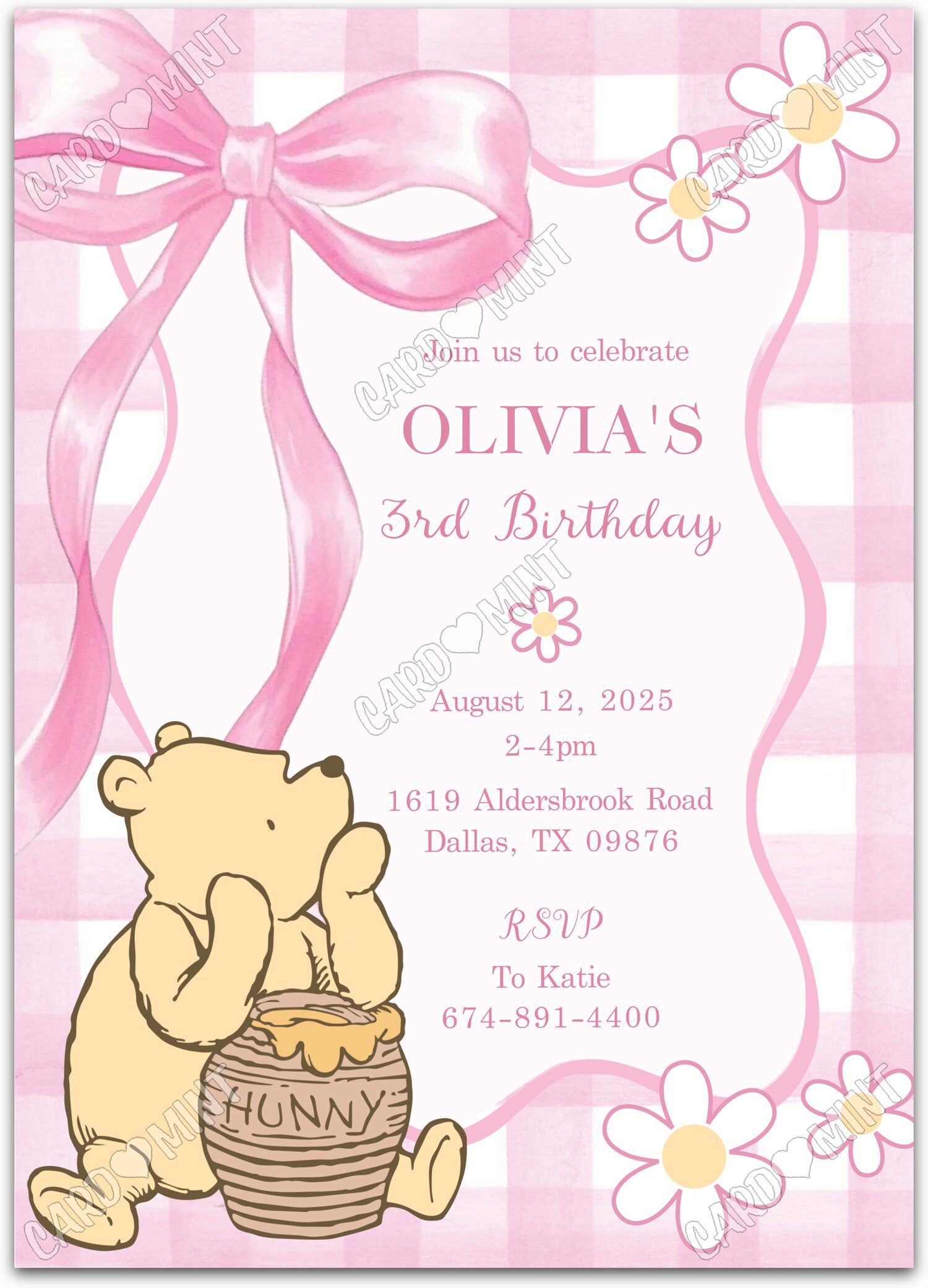 Editable Pink Bow and Pooh pink classic Pooh girl Birthday Party 5"x7" Invitation EV1775