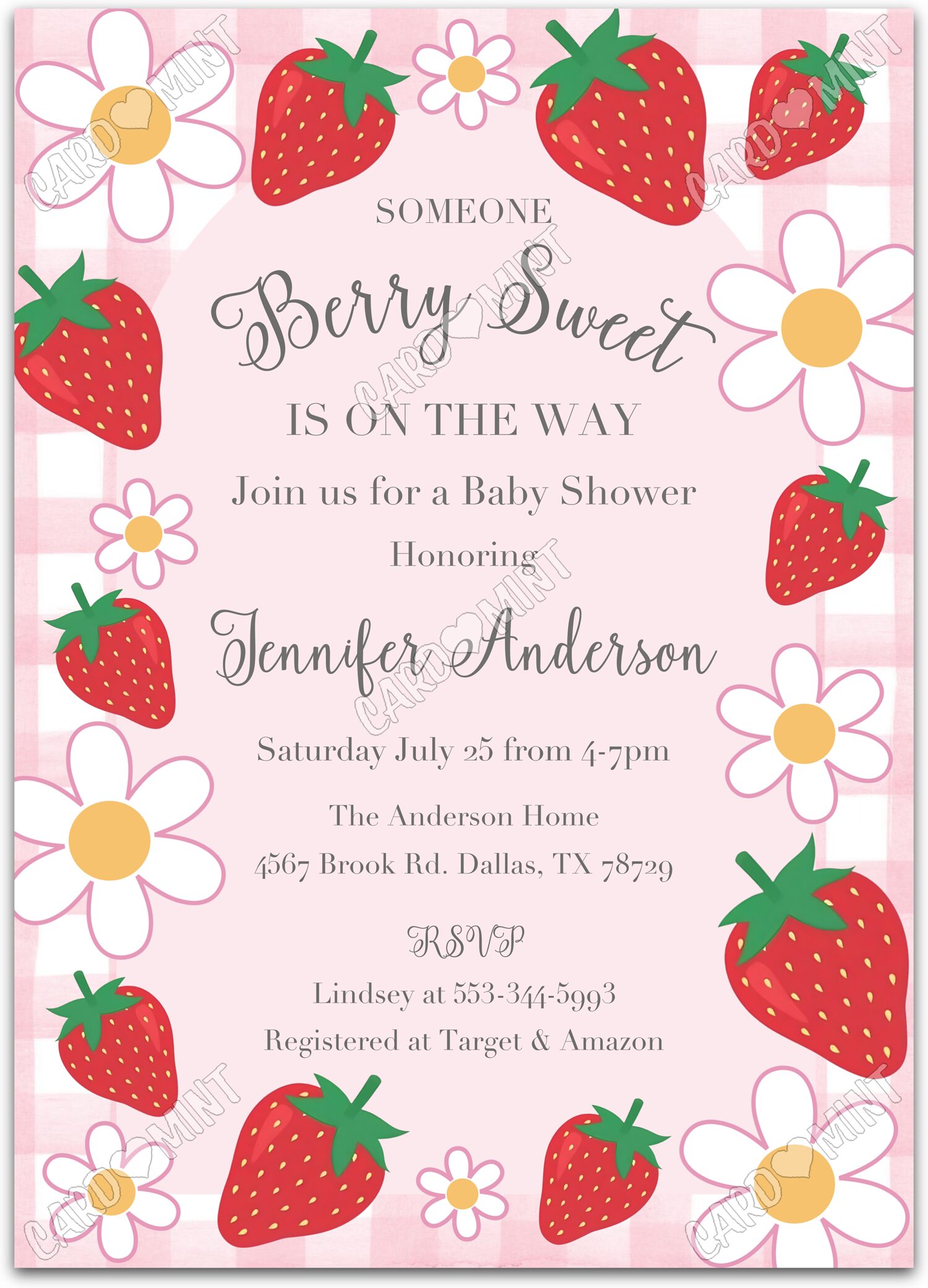 Editable Berry Sweet pink strawberries & daisies girl Baby Shower 5"x7" Invitation EV1776