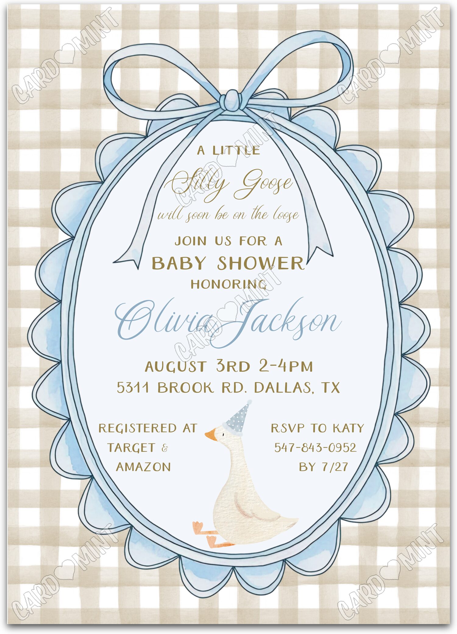 Editable Silly Goose tan blue bow & gingham pattern boy Baby Shower 5"x7" Invitation EV1777