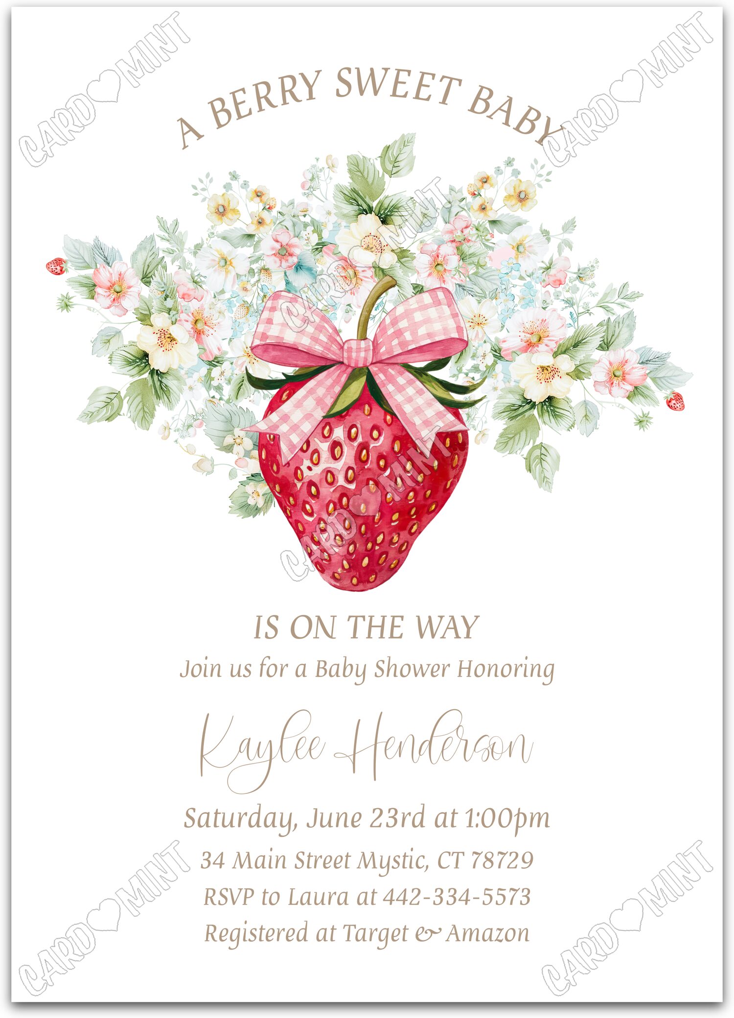 Editable A Berry Sweet Baby white strawberries & daisies girl Baby Shower 5"x7" Invitation EV1779
